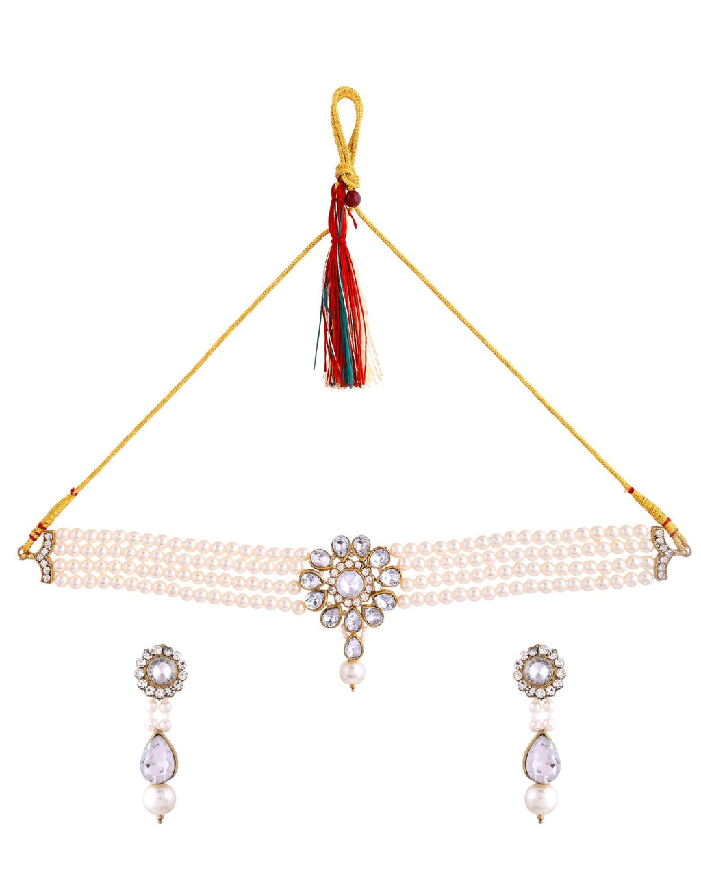 Jewels Nest Gold-Tone Pearl Choker Necklace With Stone Pendant And Earrings | Grocsy