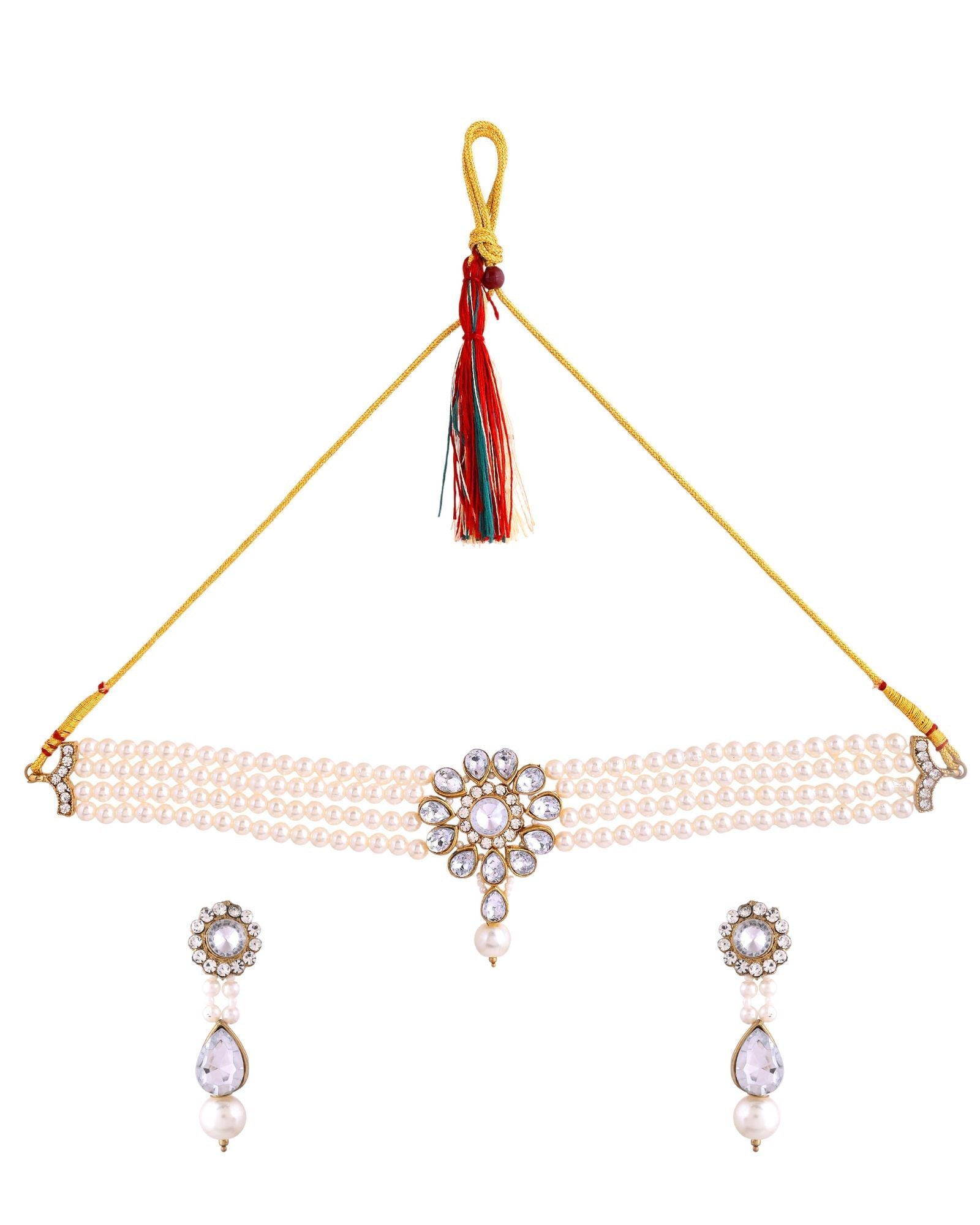 Jewels Nest Gold-Tone Pearl Choker Necklace With Stone Pendant And Earrings | Grocsy