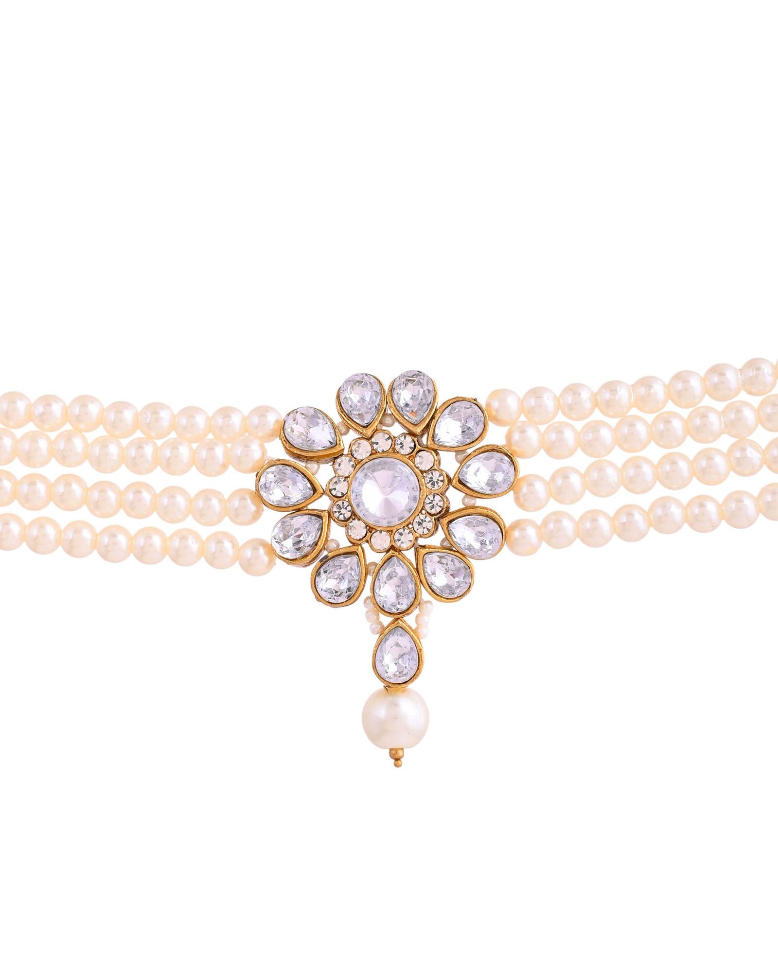 Jewels Nest Gold-Tone Pearl Choker Necklace With Stone Pendant And Earrings | Grocsy