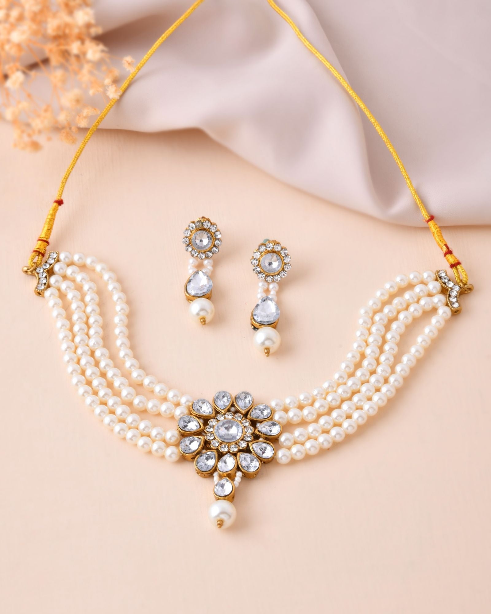 Jewels Nest Gold-Tone Pearl Choker Necklace With Stone Pendant And Earrings | Grocsy