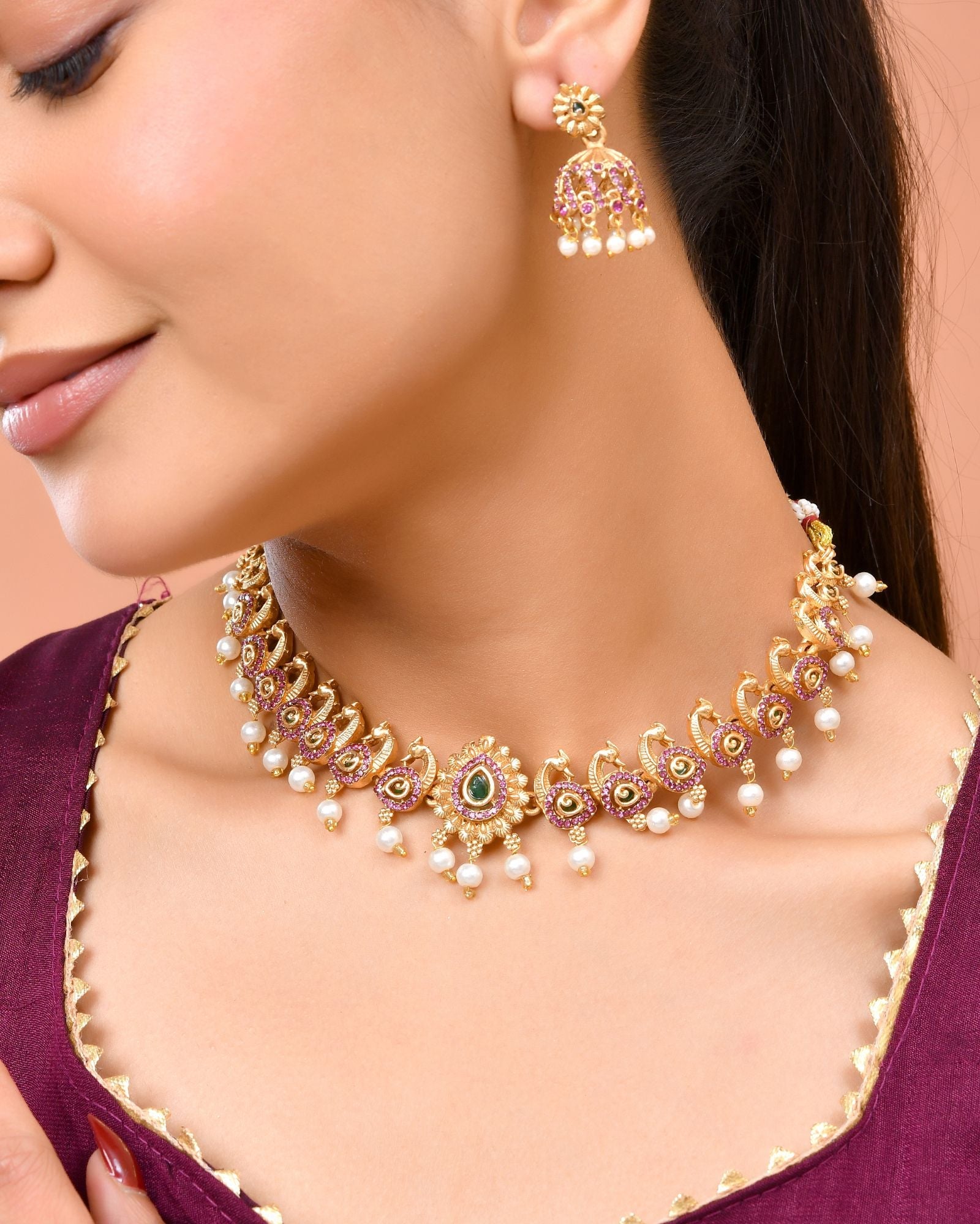 Jewels Nest Gold-Tone Peacock Motif Choker Necklace With Pearl Drops And Jhumka Earrings | Grocsy