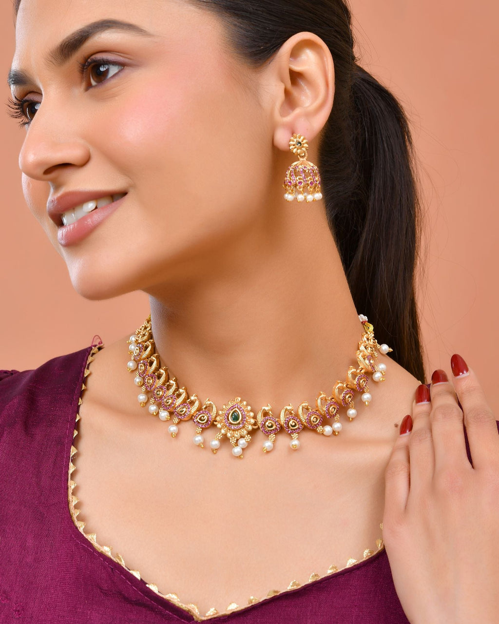 Jewels Nest Gold-Tone Peacock Motif Choker Necklace With Pearl Drops And Jhumka Earrings | Grocsy