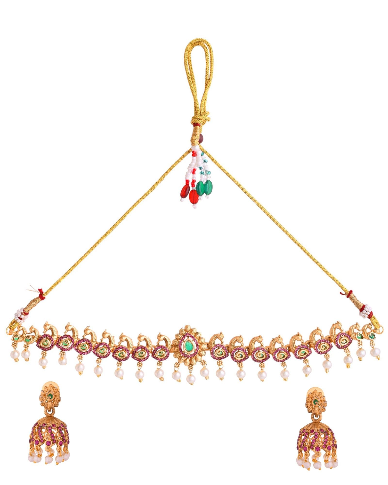 Jewels Nest Gold-Tone Peacock Motif Choker Necklace With Pearl Drops And Jhumka Earrings | Grocsy