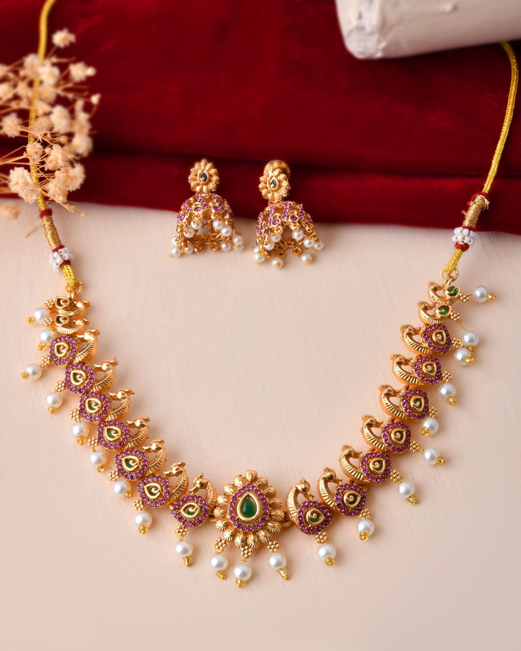 Jewels Nest Gold-Tone Peacock Motif Choker Necklace With Pearl Drops And Jhumka Earrings | Grocsy