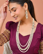 Jewels Nest Gold-Tone Layered Pearl Long Necklace With Crystal Motifs And Drop Earrings | Grocsy