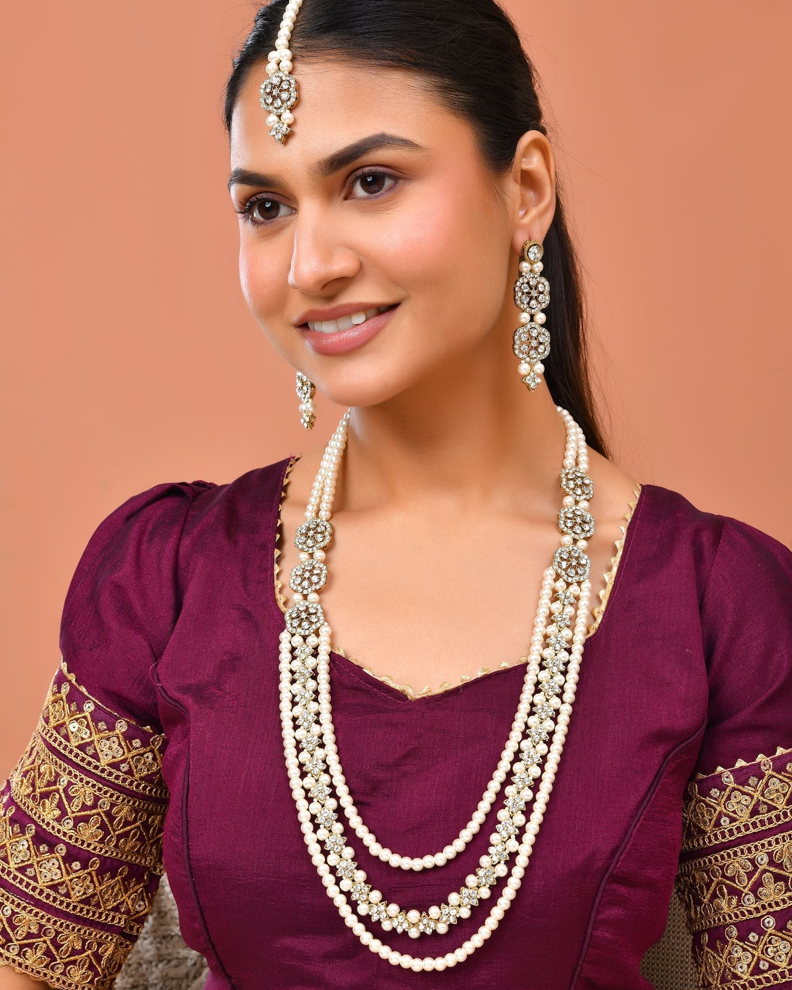 Jewels Nest Gold-Tone Layered Pearl Long Necklace With Crystal Motifs And Drop Earrings | Grocsy
