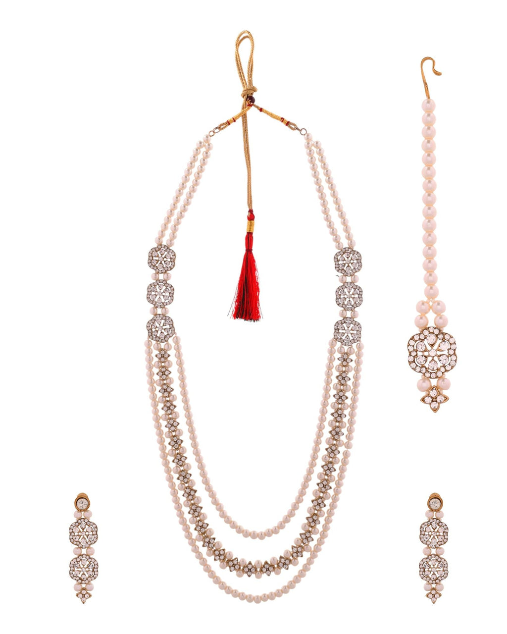Jewels Nest Gold-Tone Layered Pearl Long Necklace With Crystal Motifs And Drop Earrings | Grocsy