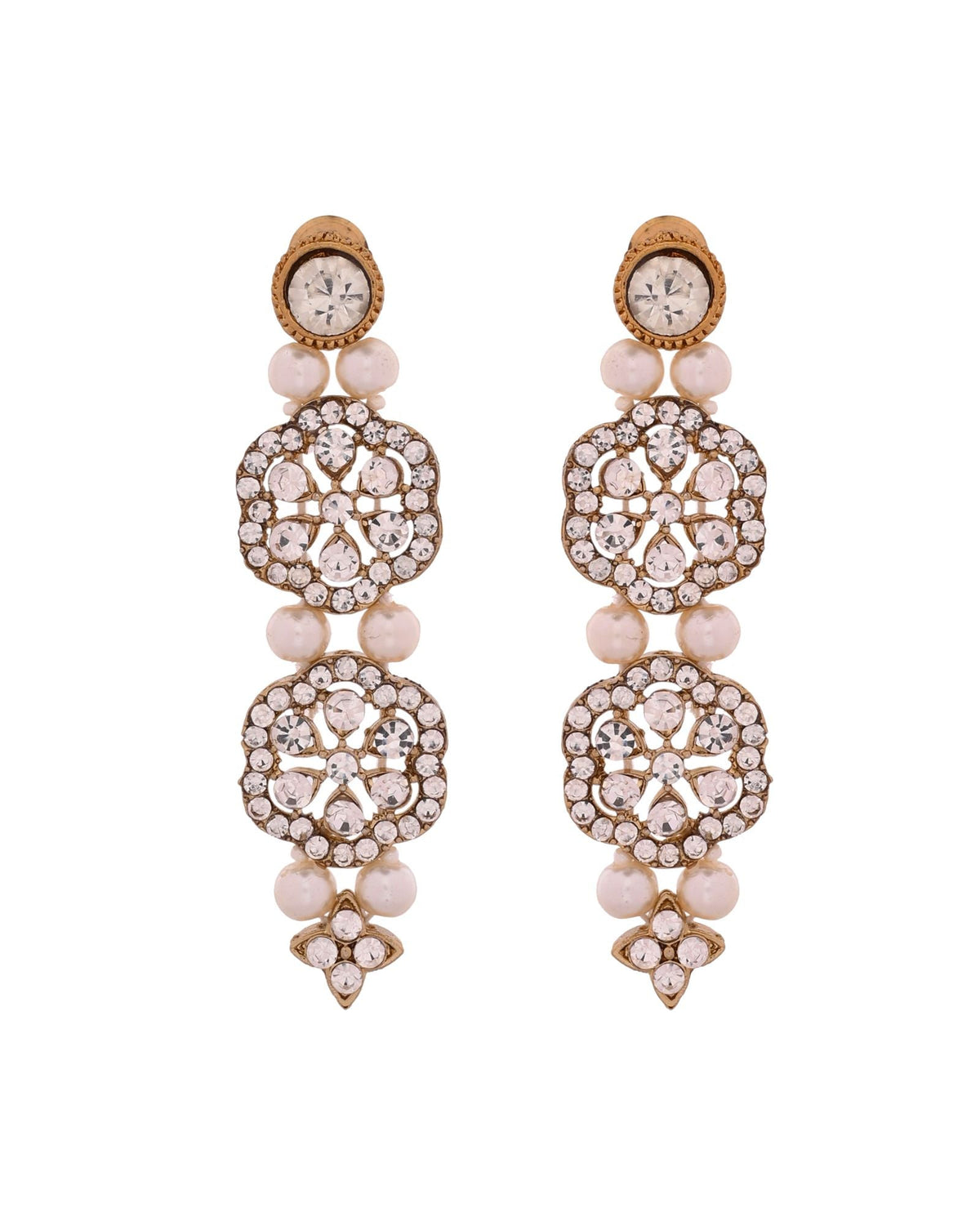 Jewels Nest Gold-Tone Layered Pearl Long Necklace With Crystal Motifs And Drop Earrings | Grocsy