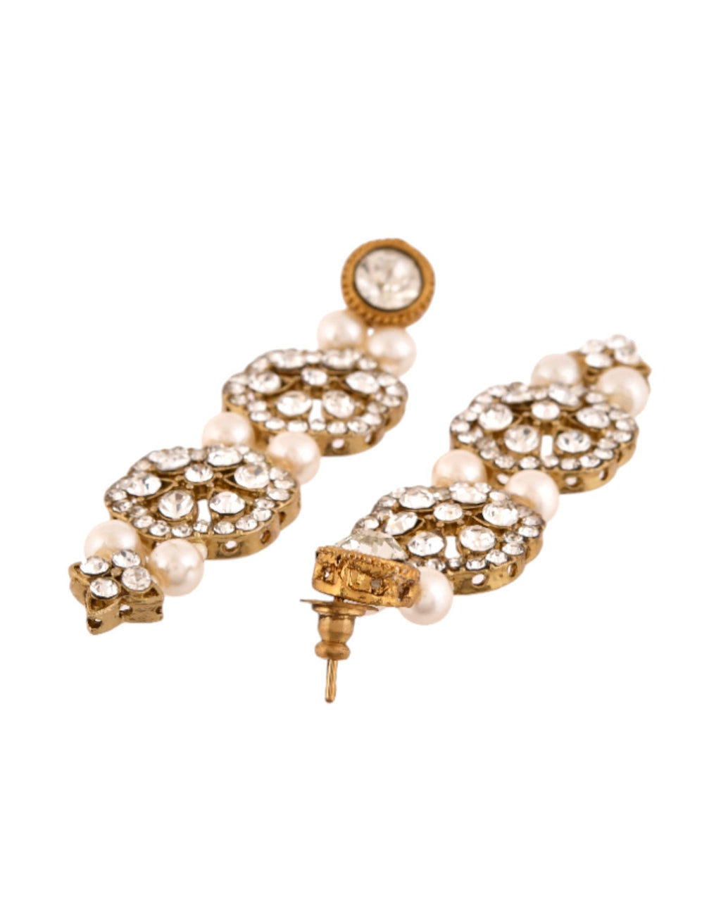Jewels Nest Gold-Tone Layered Pearl Long Necklace With Crystal Motifs And Drop Earrings | Grocsy