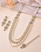Jewels Nest Gold-Tone Layered Pearl Long Necklace With Crystal Motifs And Drop Earrings | Grocsy