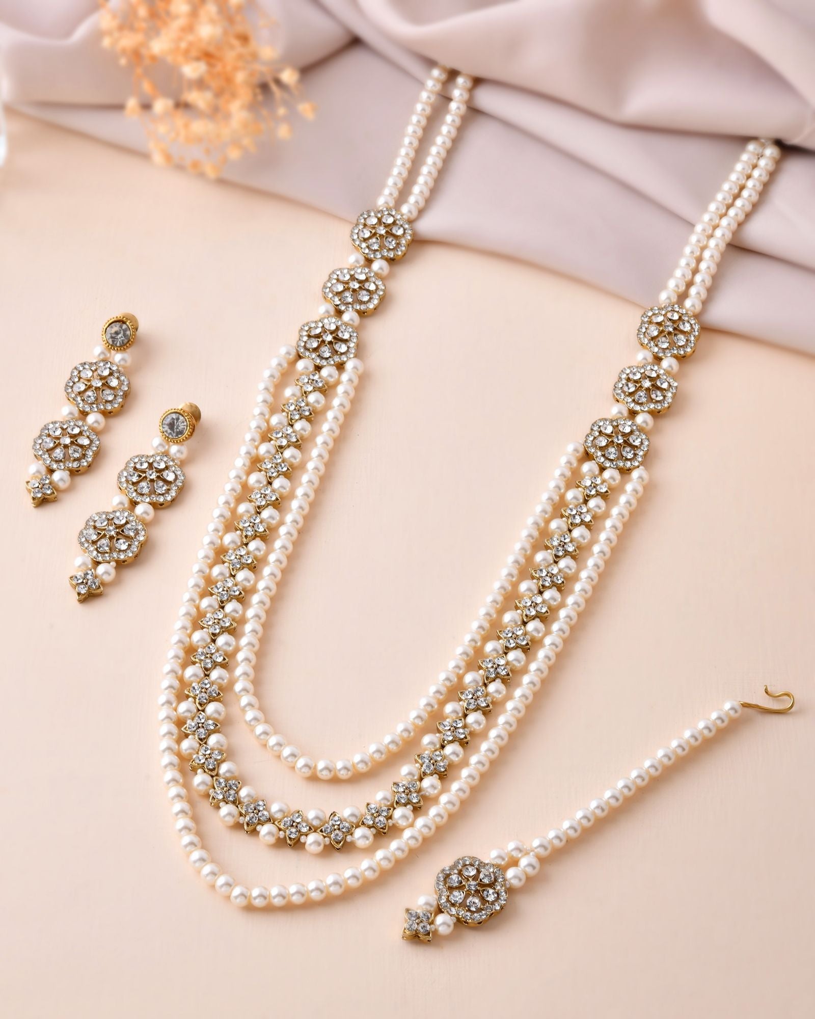 Jewels Nest Gold-Tone Layered Pearl Long Necklace With Crystal Motifs And Drop Earrings | Grocsy