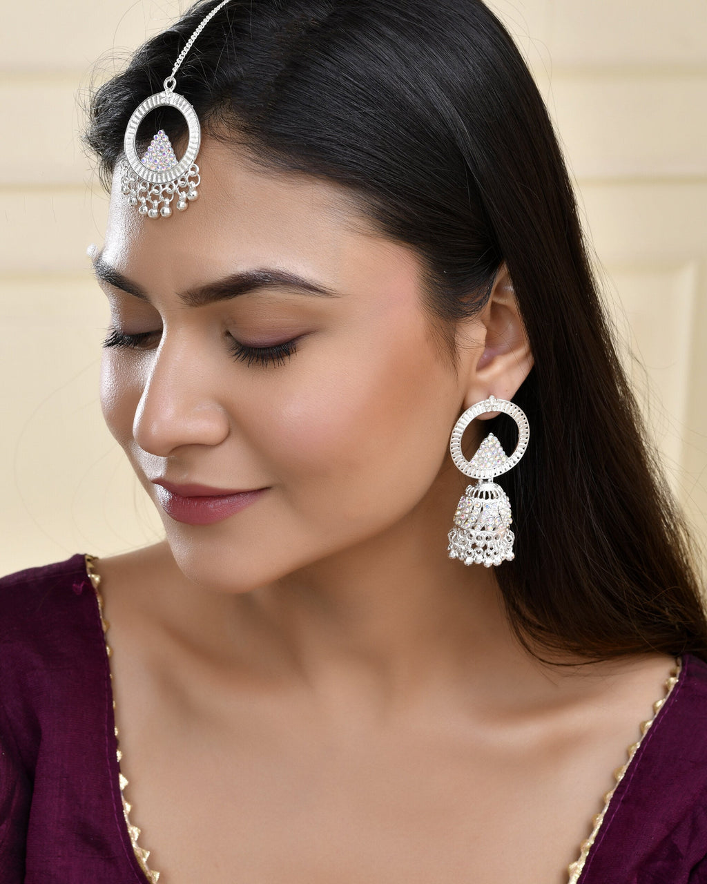 Jewels Nest Silver-Plated Crystal Embellished Jhumka Earrings with Circular Hoops