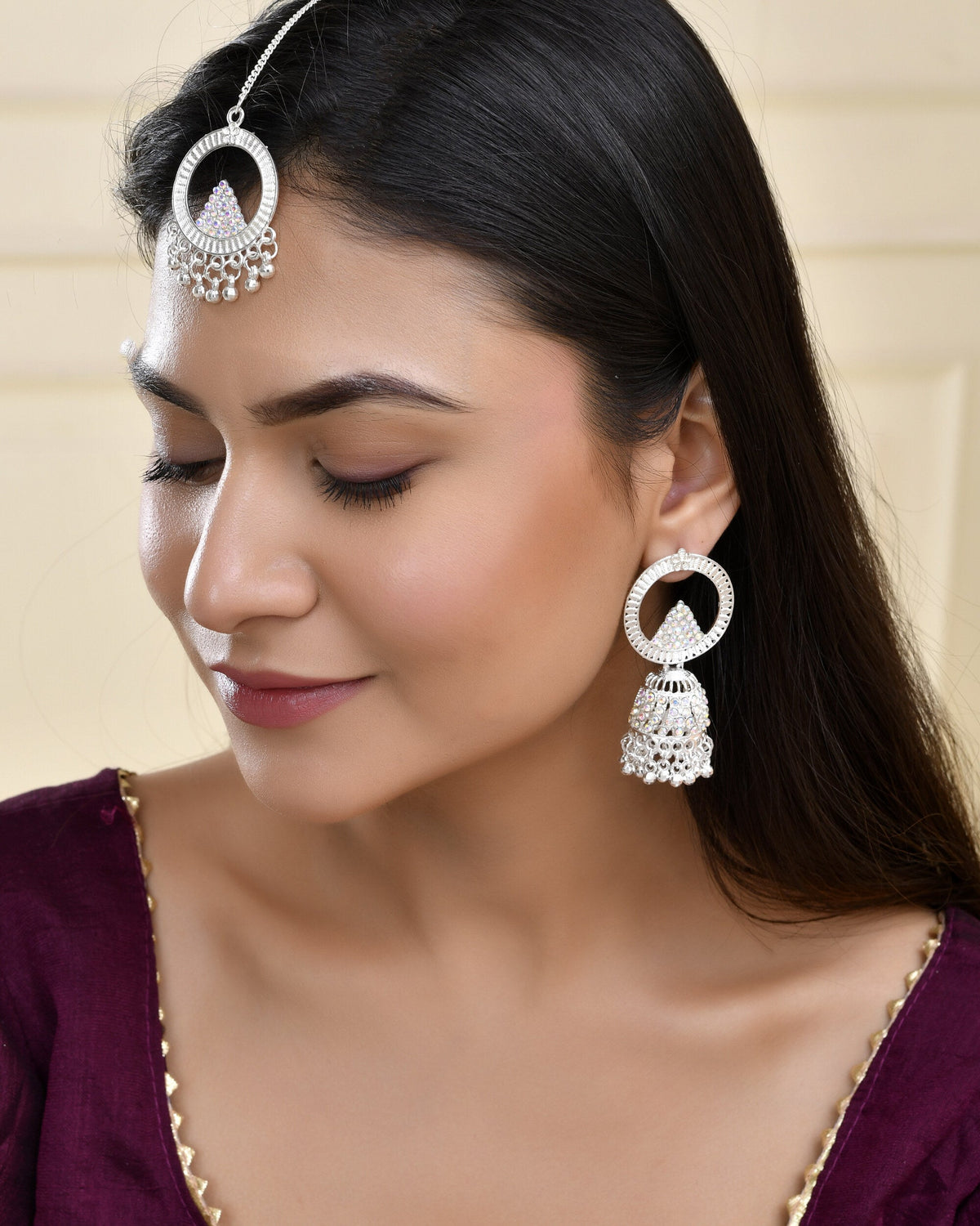 Jewels Nest Silver-Plated Crystal Embellished Jhumka Earrings with Circular Hoops