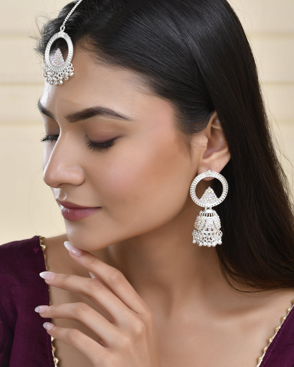 Jewels Nest Silver-Plated Crystal Embellished Jhumka Earrings with Circular Hoops