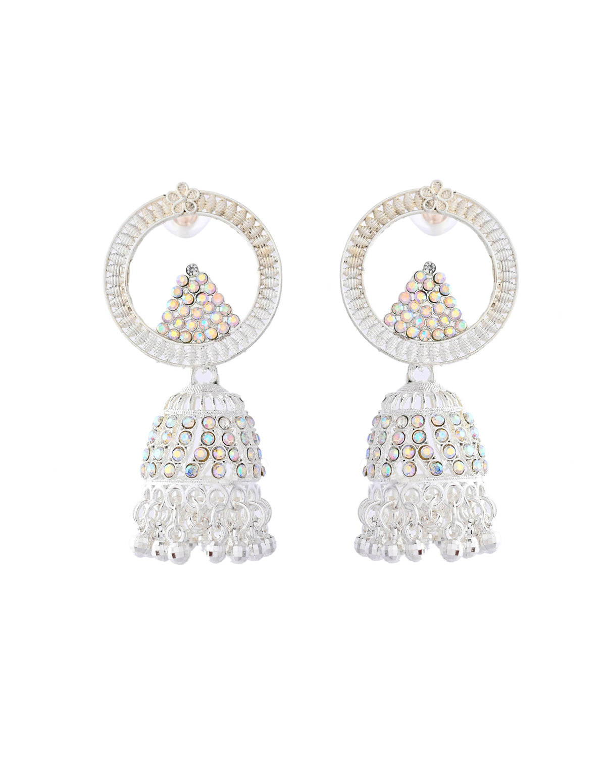 Jewels Nest Silver-Plated Crystal Embellished Jhumka Earrings with Circular Hoops