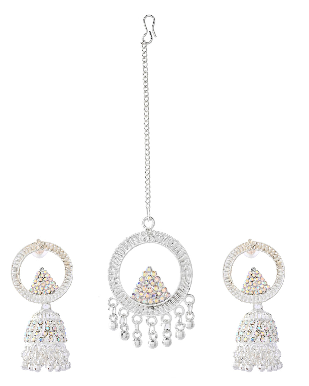 Jewels Nest Silver-Plated Crystal Embellished Jhumka Earrings with Circular Hoops