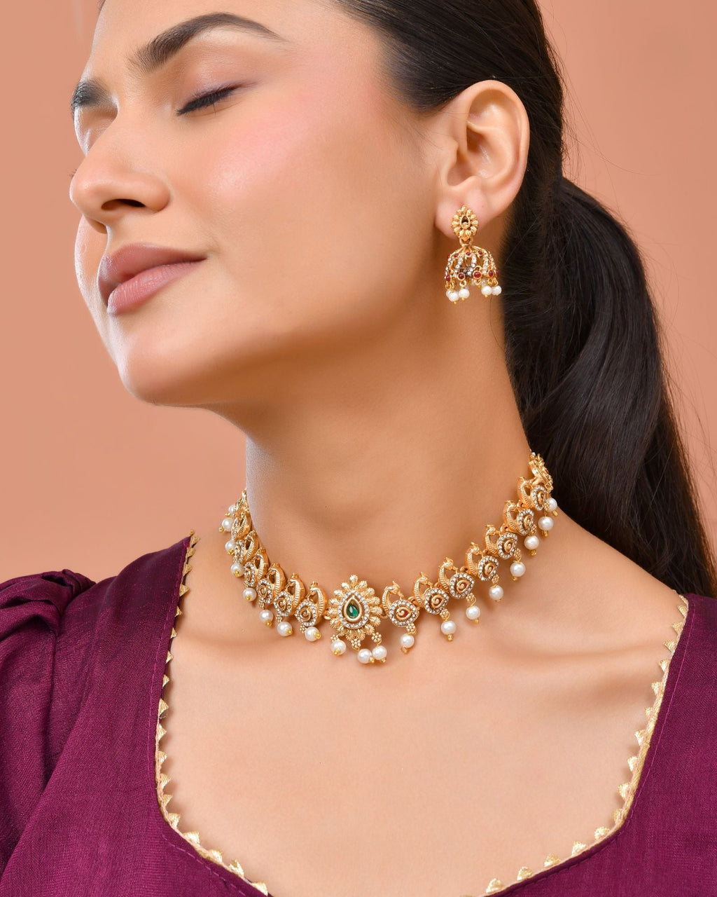 Jewels Nest Gold-Tone Temple Style Necklace With Red Green Stones And Pearl Drop Jhumka Earrings | Grocsy