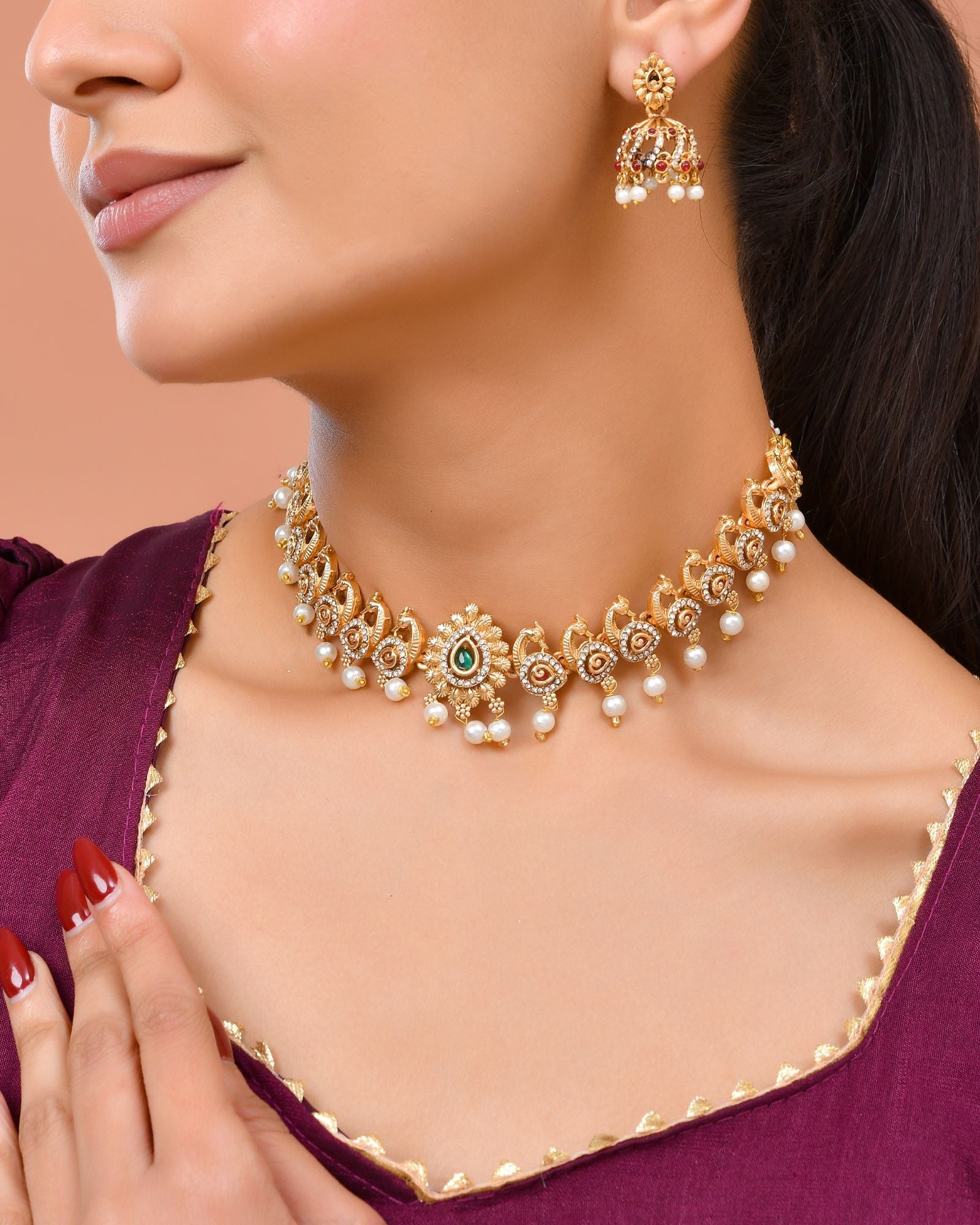 Jewels Nest Gold-Tone Temple Style Necklace With Red Green Stones And Pearl Drop Jhumka Earrings | Grocsy