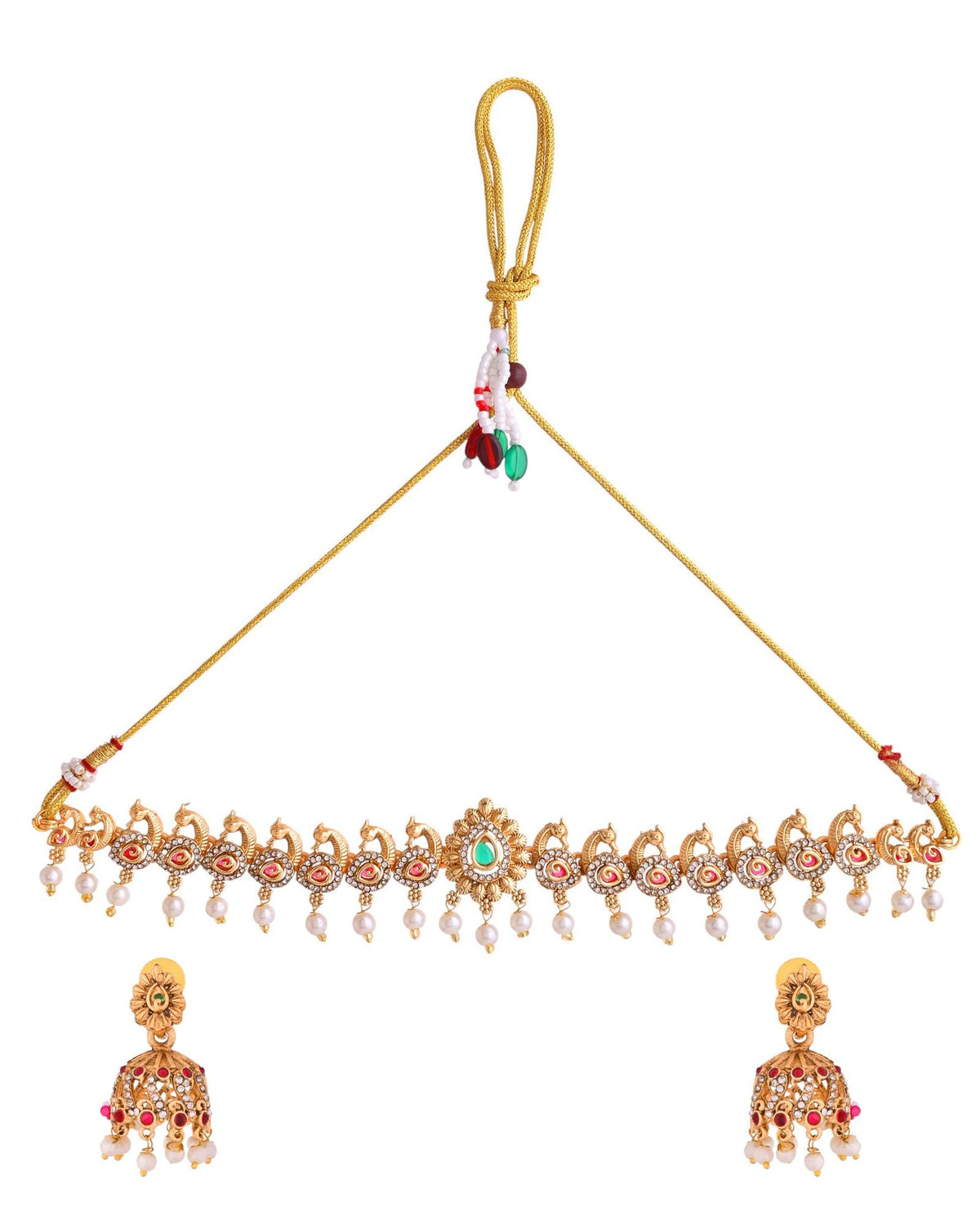 Jewels Nest Gold-Tone Temple Style Necklace With Red Green Stones And Pearl Drop Jhumka Earrings | Grocsy