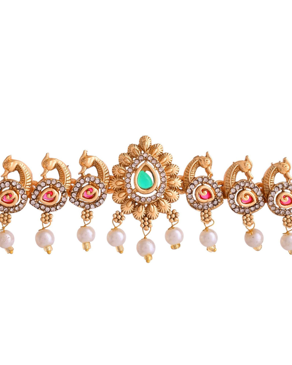 Jewels Nest Gold-Tone Temple Style Necklace With Red Green Stones And Pearl Drop Jhumka Earrings | Grocsy