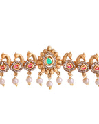 Jewels Nest Gold-Tone Temple Style Necklace With Red Green Stones And Pearl Drop Jhumka Earrings | Grocsy