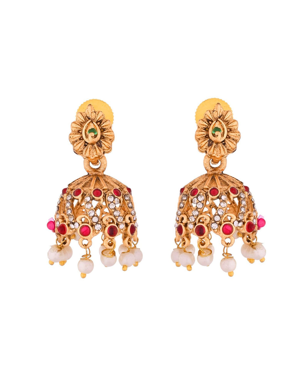 Jewels Nest Gold-Tone Temple Style Necklace With Red Green Stones And Pearl Drop Jhumka Earrings | Grocsy