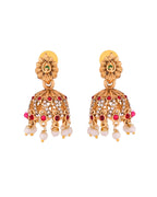 Jewels Nest Gold-Tone Temple Style Necklace With Red Green Stones And Pearl Drop Jhumka Earrings | Grocsy