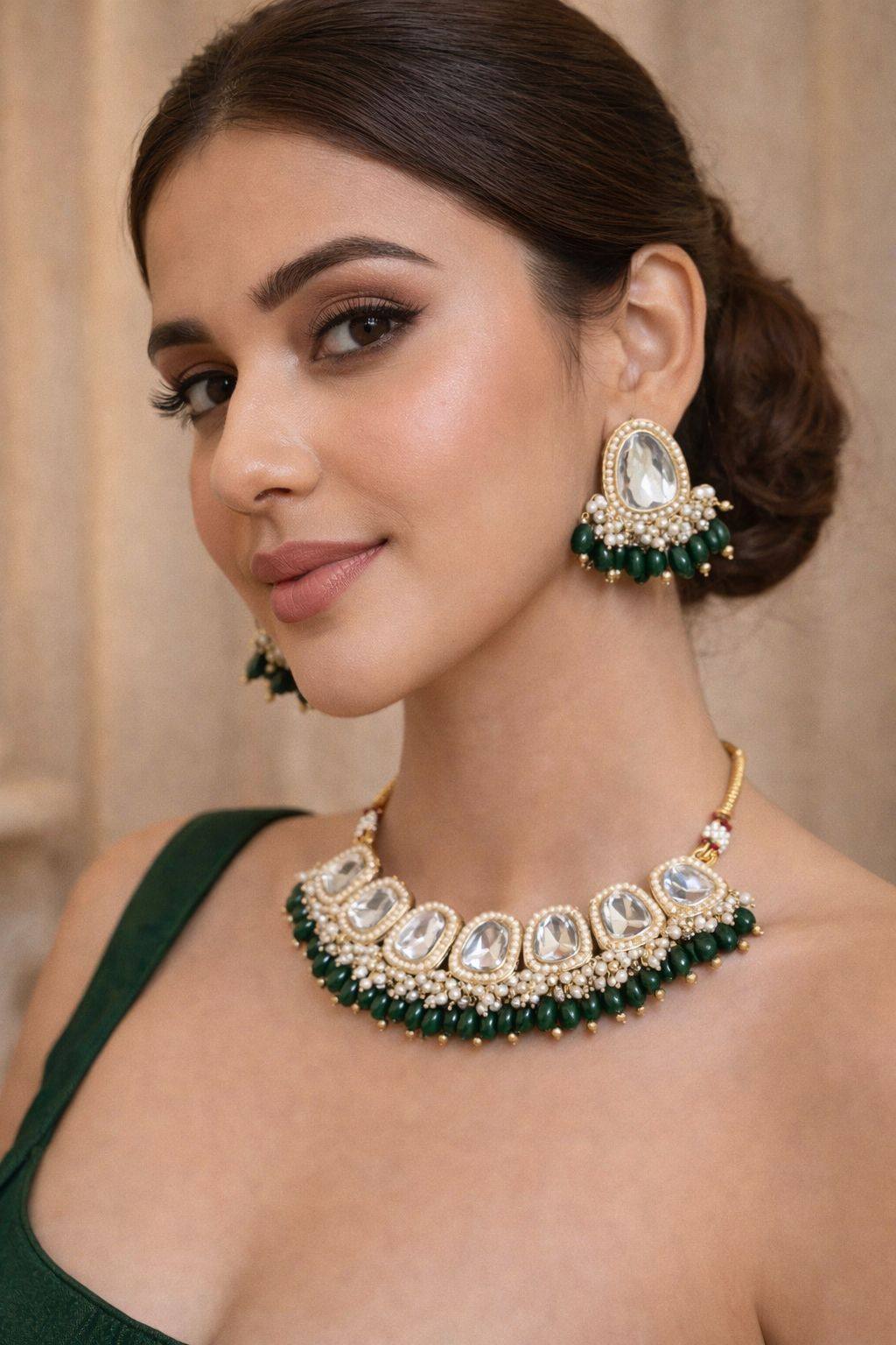 Jewels Nest Gold-Tone Kundan Necklace Set With Green Beads And Pearl Drop Earrings | Grocsy
