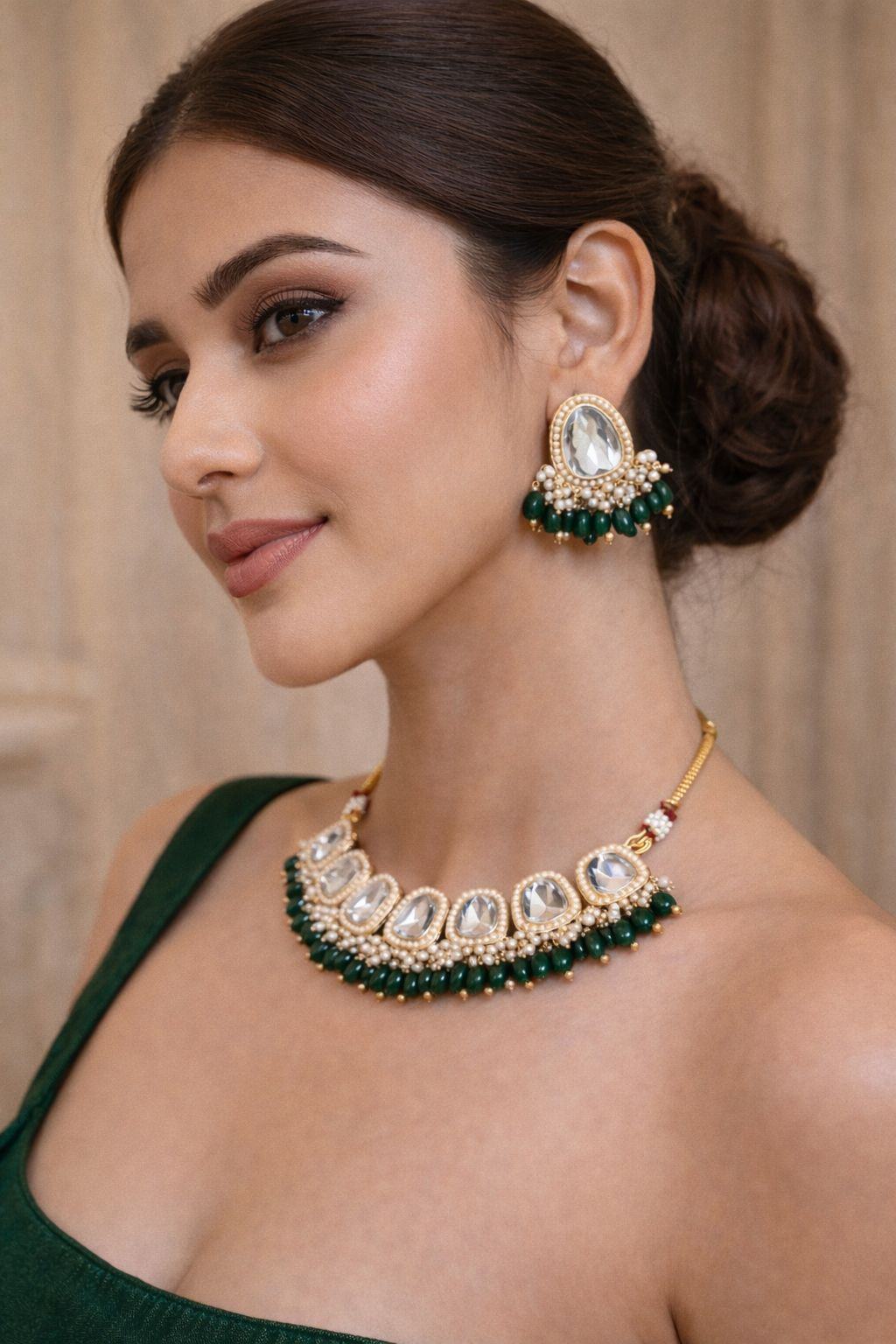 Jewels Nest Gold-Tone Kundan Necklace Set With Green Beads And Pearl Drop Earrings | Grocsy
