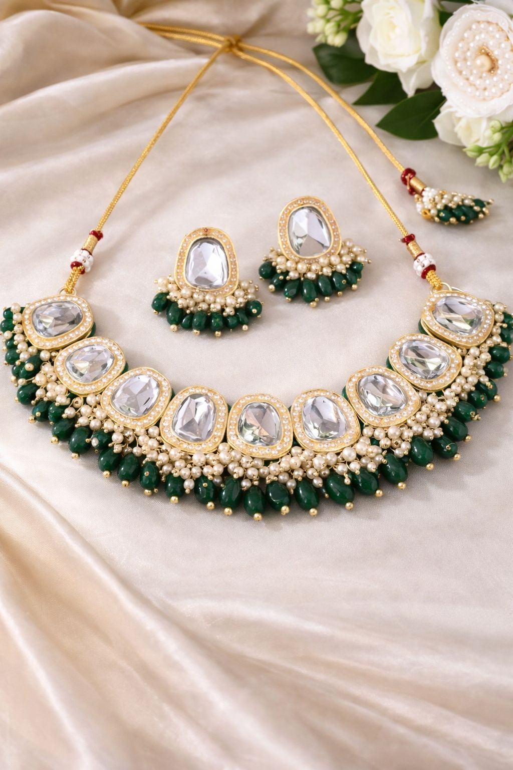 Jewels Nest Gold-Tone Kundan Necklace Set With Green Beads And Pearl Drop Earrings | Grocsy