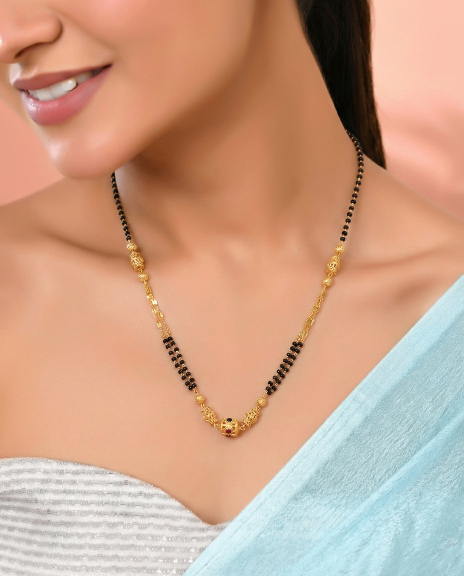 Jewels Nest Gold-Tone Black Beaded Mangalsutra Necklace With Filigree Center Design | Grocsy