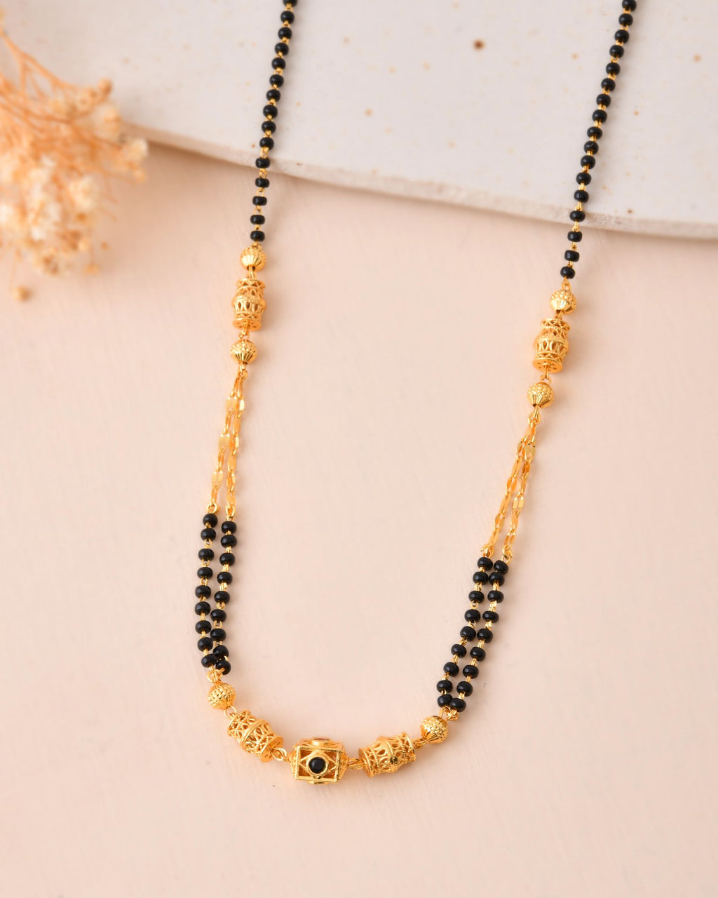 Jewels Nest Gold-Tone Black Beaded Mangalsutra Necklace With Filigree Center Design | Grocsy