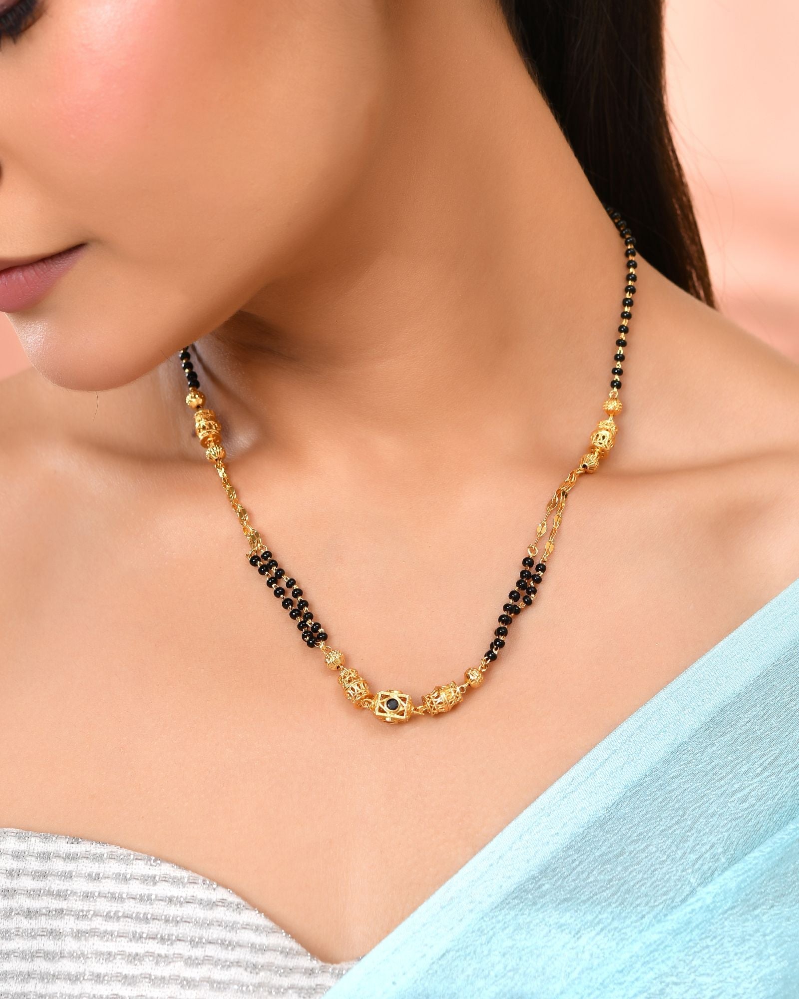 Jewels Nest Gold-Plated Black Beads Mangalsutra With Geometric Filigree Accent | Grocsy