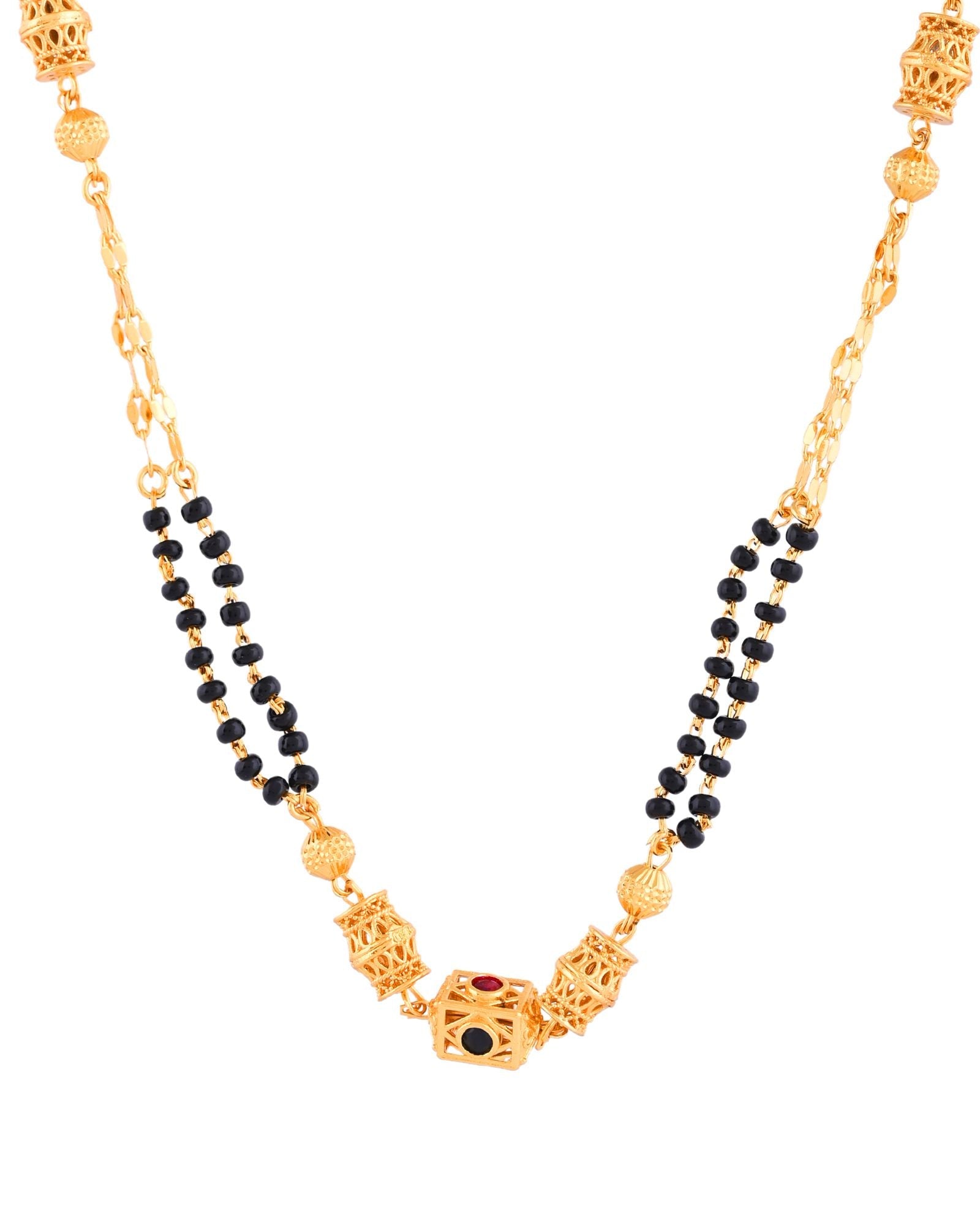 Jewels Nest Gold-Plated Black Beads Mangalsutra With Geometric Filigree Accent | Grocsy