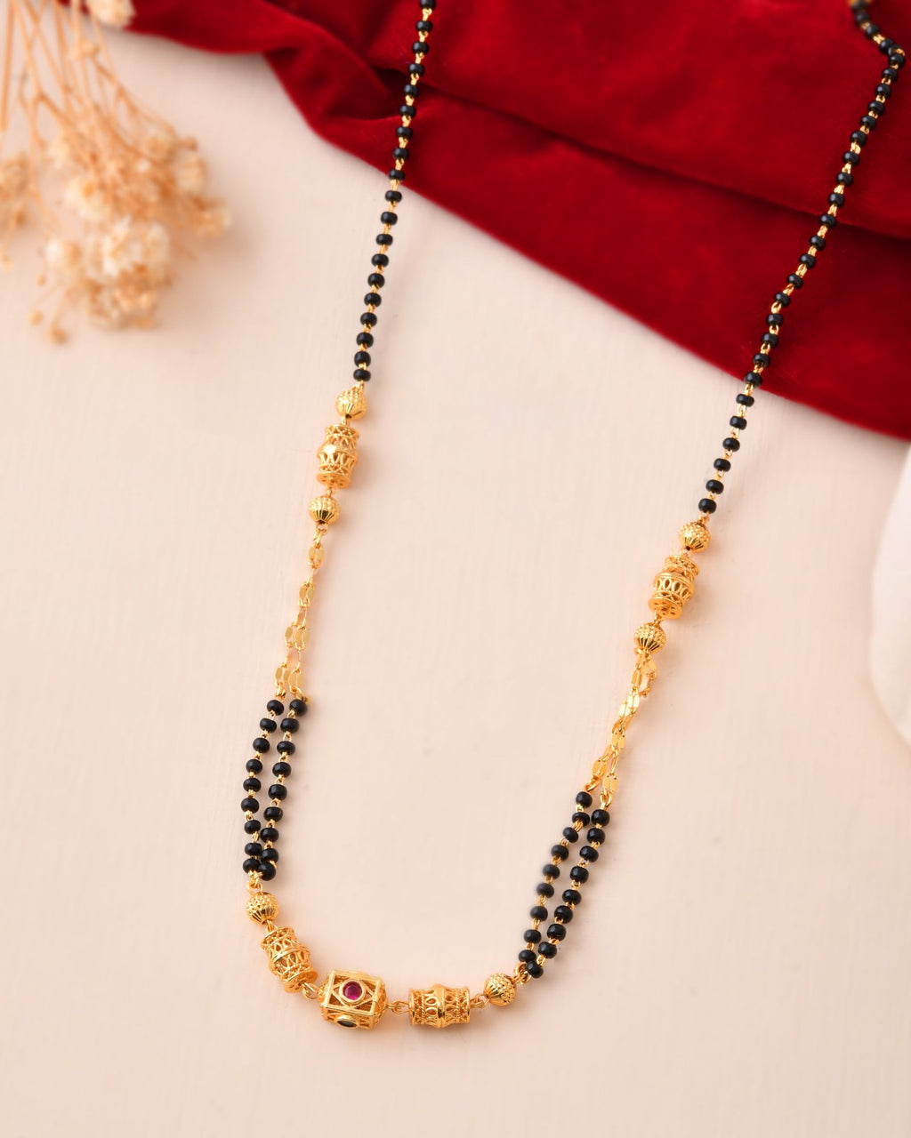 Jewels Nest Gold-Plated Black Beads Mangalsutra With Geometric Filigree Accent | Grocsy