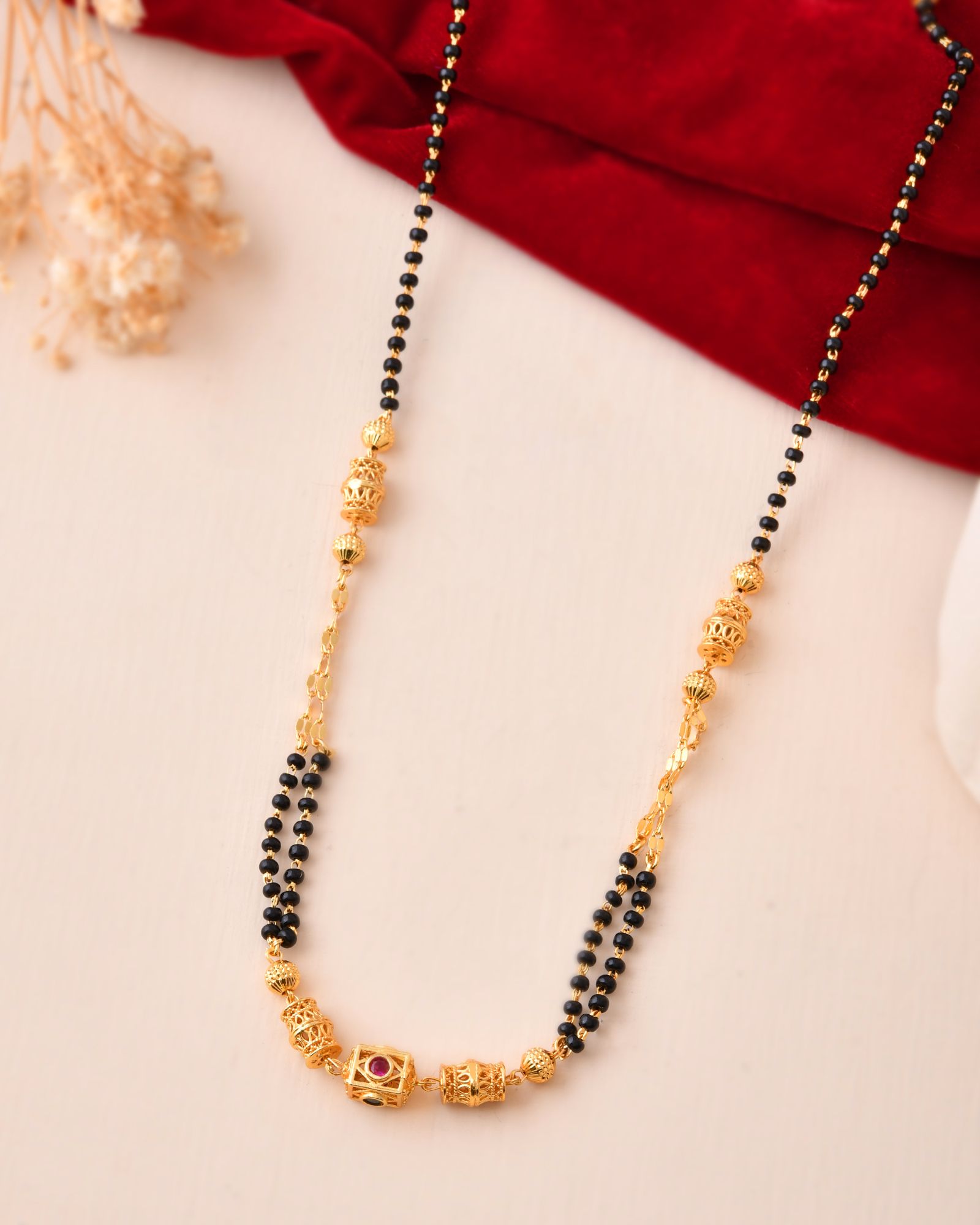 Jewels Nest Gold-Plated Black Beads Mangalsutra With Geometric Filigree Accent | Grocsy