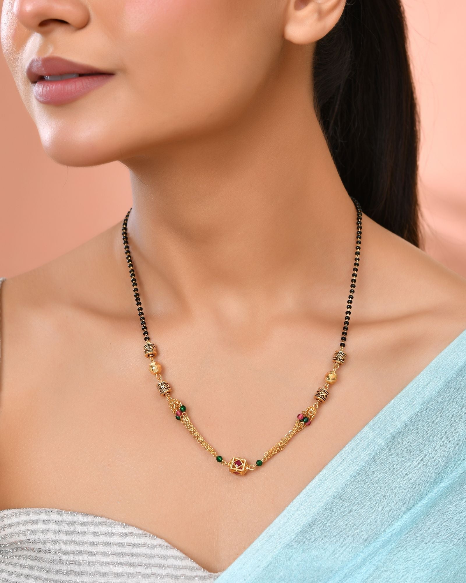 Jewels Nest Gold-Plated Black Beads Mangalsutra With Dual Chain & Stone Accent | Grocsy