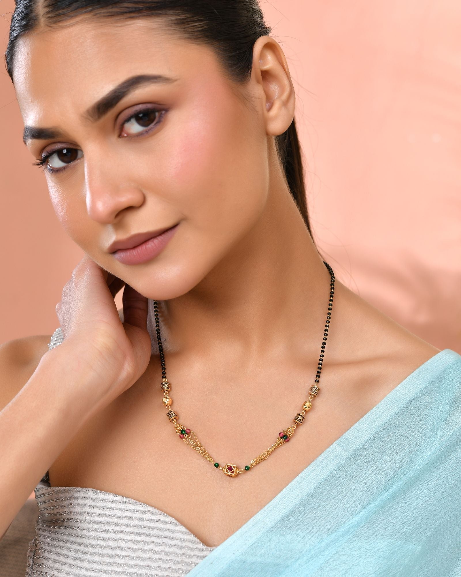 Jewels Nest Gold-Plated Black Beads Mangalsutra With Dual Chain & Stone Accent | Grocsy