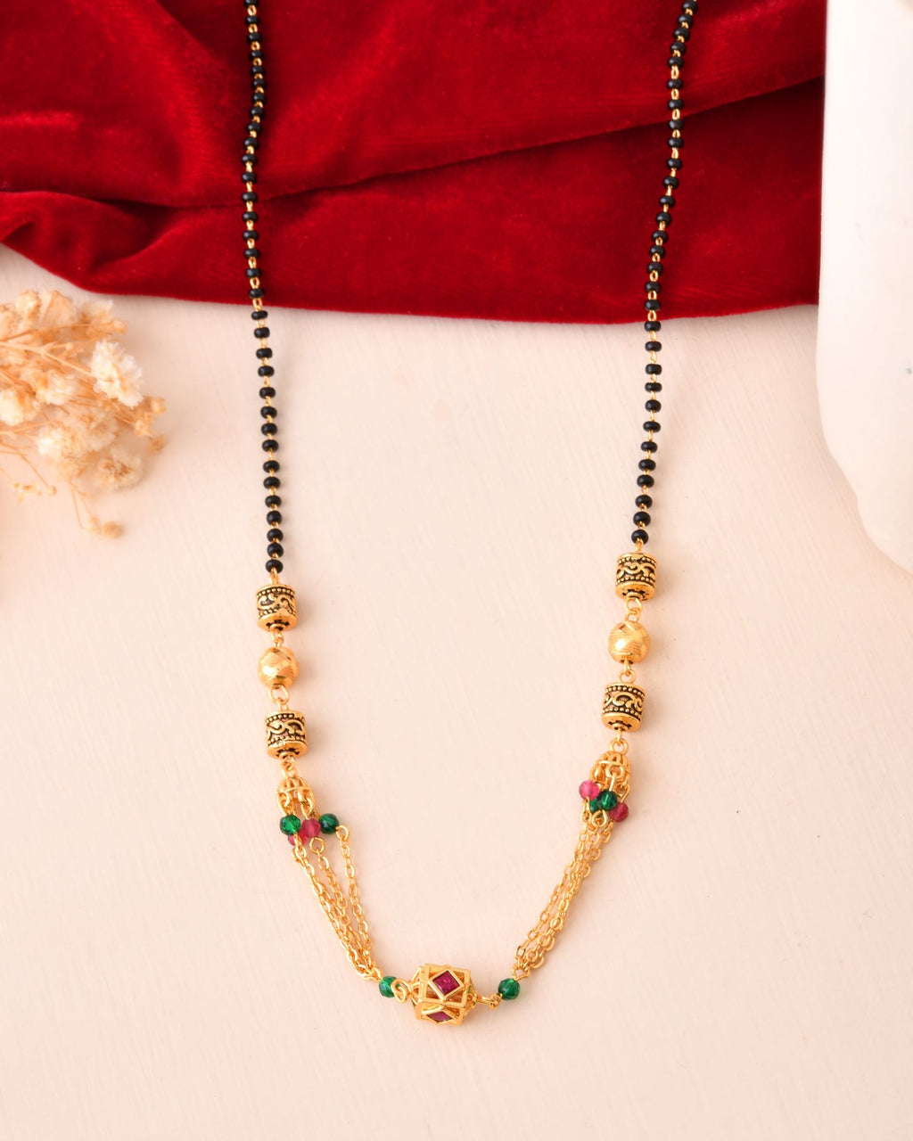 Jewels Nest Gold-Plated Black Beads Mangalsutra With Dual Chain & Stone Accent | Grocsy