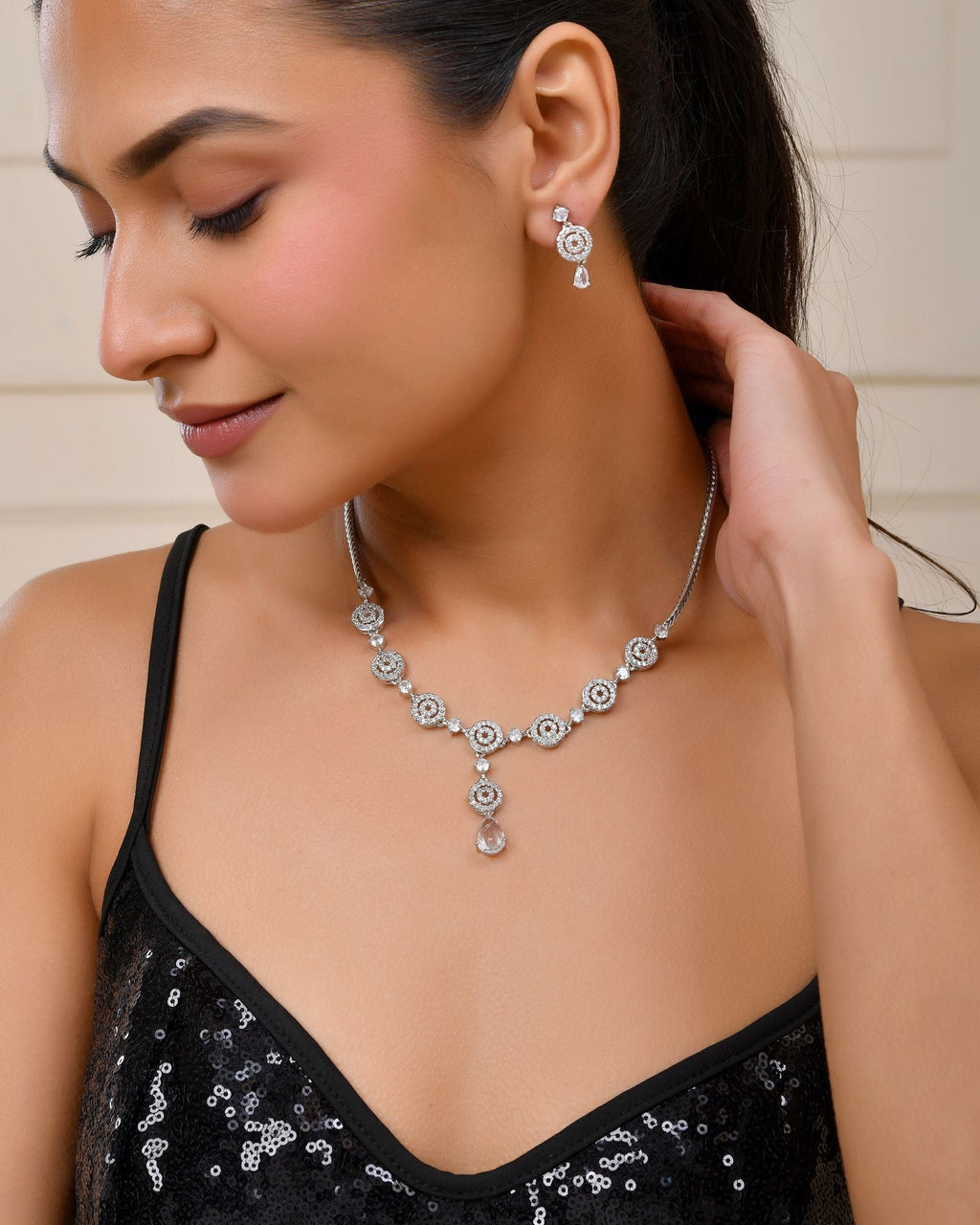 Jewels Nest Silver-Plated And Crystal Drop Necklace Set With Matching Earrings | Grocsy