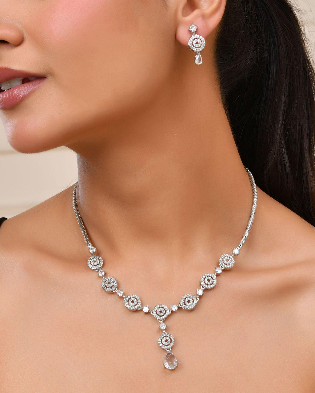 Jewels Nest Silver-Plated And Crystal Drop Necklace Set With Matching Earrings | Grocsy