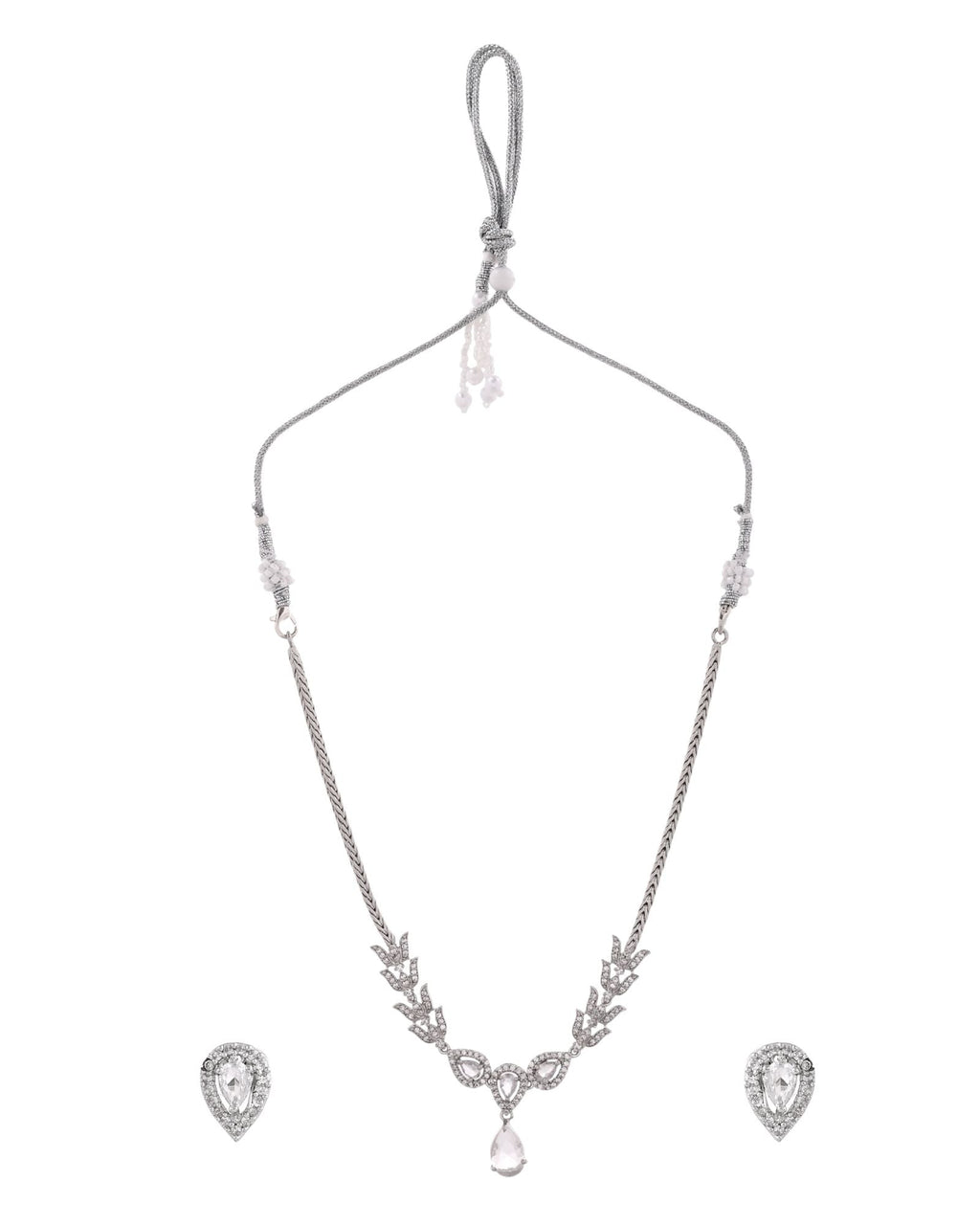 Jewels Nest Silver-Plated American Diamond (Ad) Necklace Set With Teardrop Pendant & Matching Earrings | Grocsy