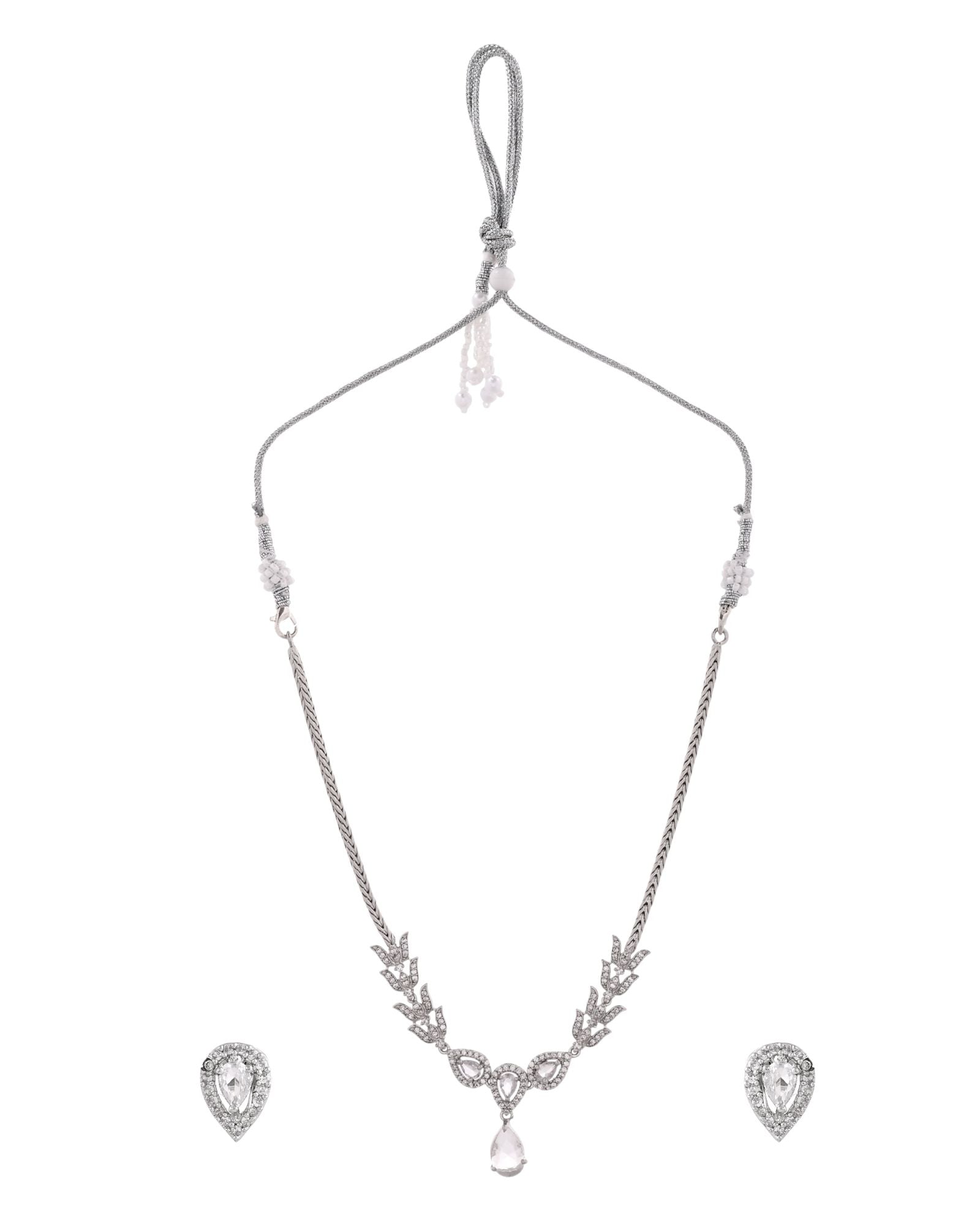 Jewels Nest Silver-Plated American Diamond (Ad) Necklace Set With Teardrop Pendant & Matching Earrings | Grocsy