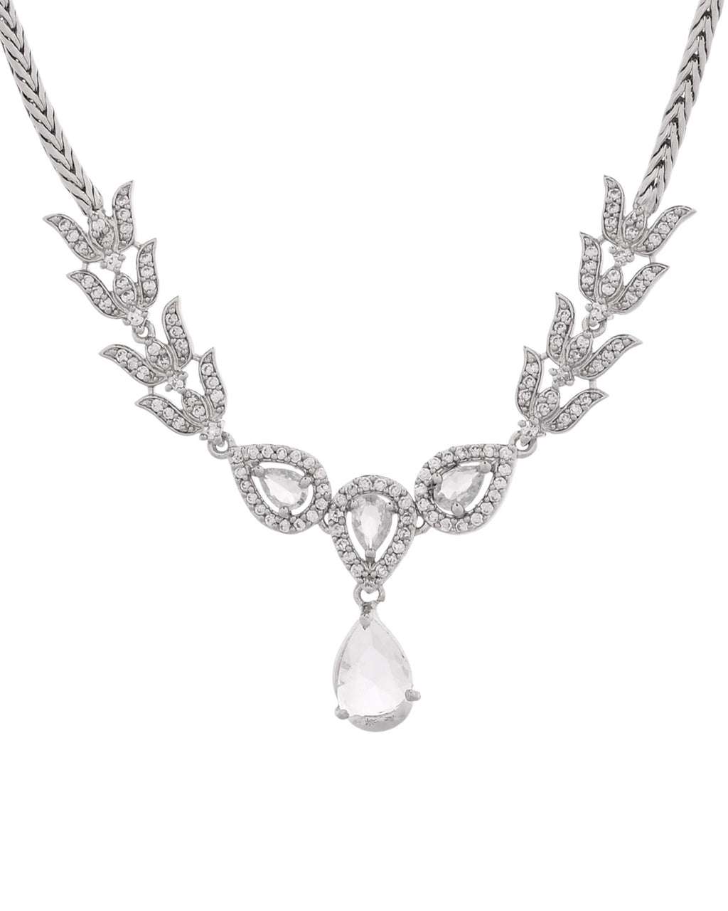 Jewels Nest Silver-Plated American Diamond (Ad) Necklace Set With Teardrop Pendant & Matching Earrings | Grocsy