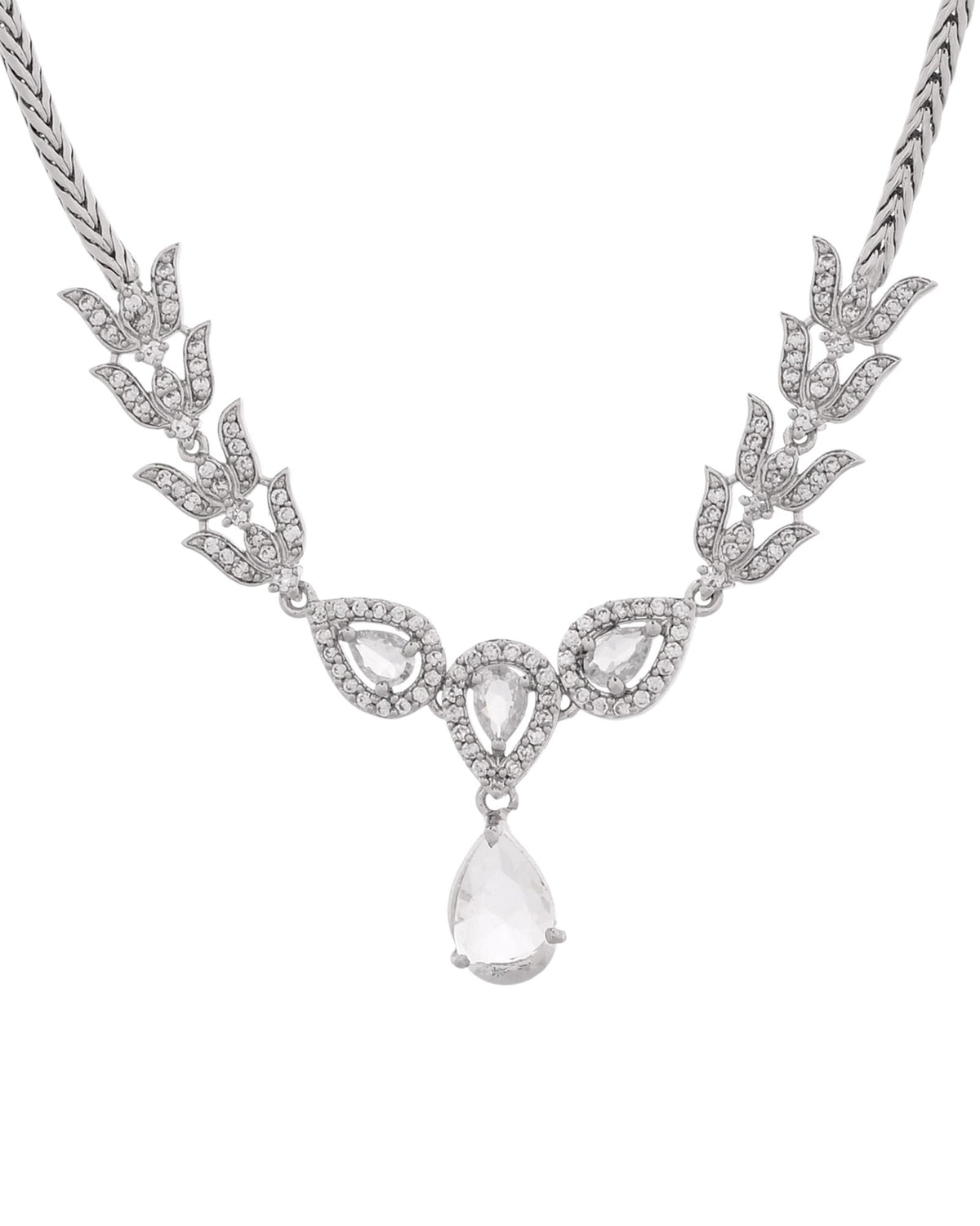 Jewels Nest Silver-Plated American Diamond (Ad) Necklace Set With Teardrop Pendant & Matching Earrings | Grocsy