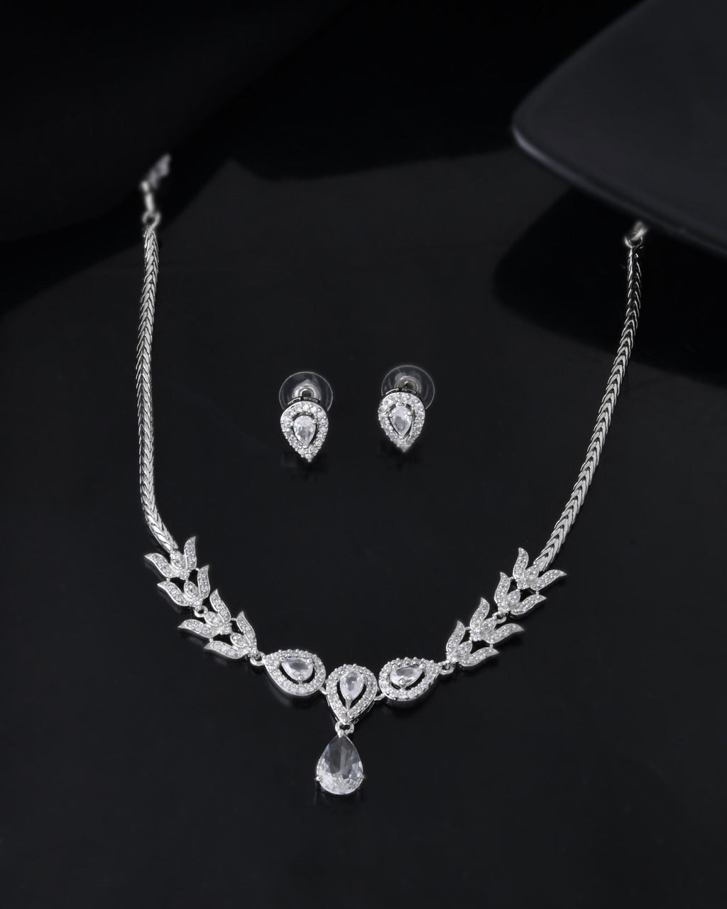 Jewels Nest Silver-Plated American Diamond (Ad) Necklace Set With Teardrop Pendant & Matching Earrings | Grocsy