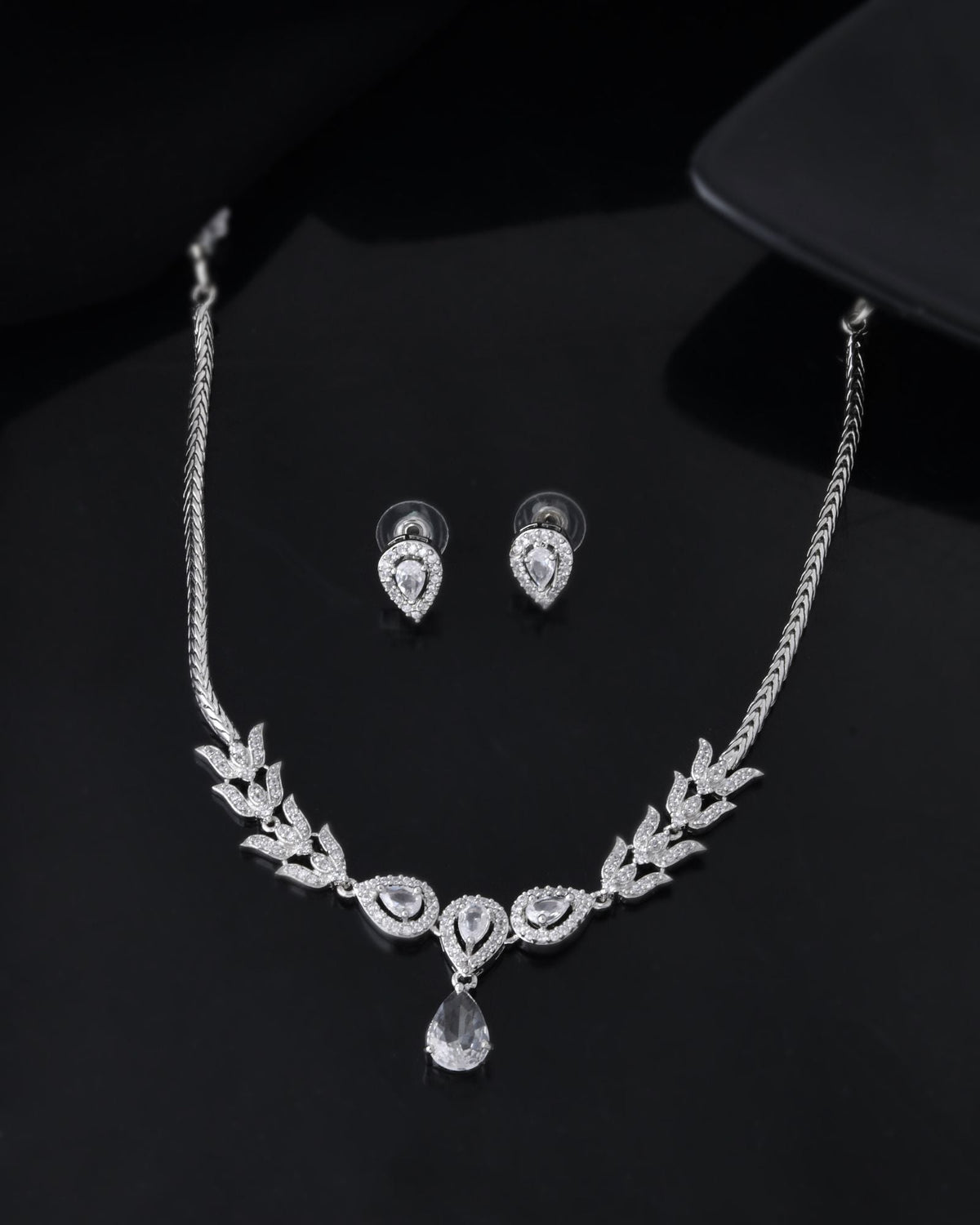 Jewels Nest Silver-Plated American Diamond (Ad) Necklace Set With Teardrop Pendant & Matching Earrings | Grocsy