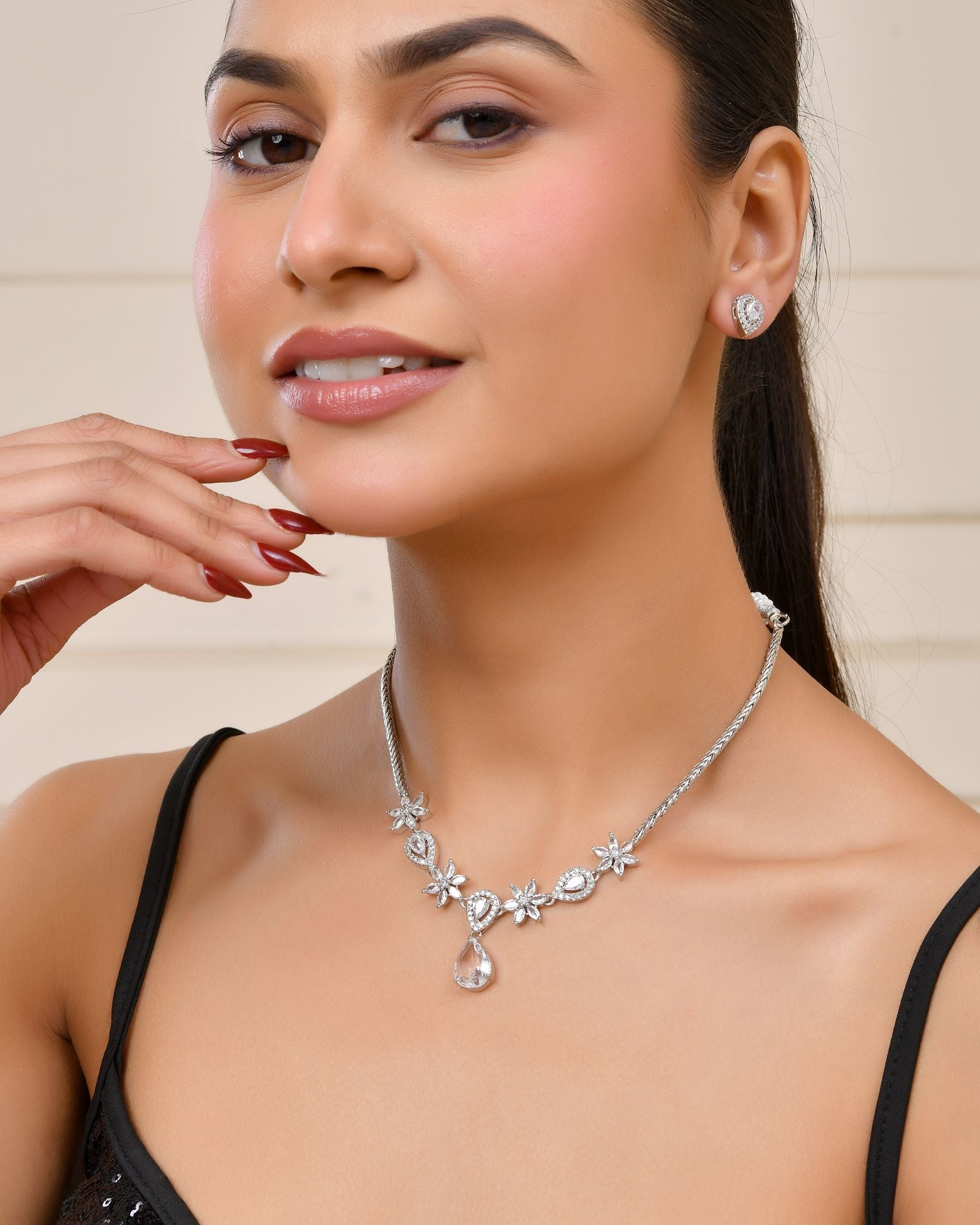 Jewels Nest Silver-Plated American Diamond (Ad) Floral Teardrop Necklace Set With Matching Stud Earrings | Grocsy