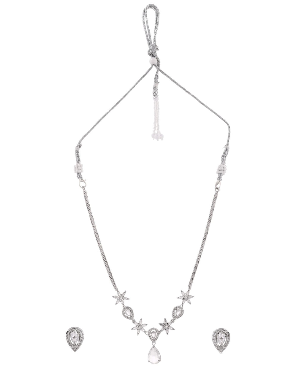 Jewels Nest Silver-Plated American Diamond (Ad) Floral Teardrop Necklace Set With Matching Stud Earrings | Grocsy