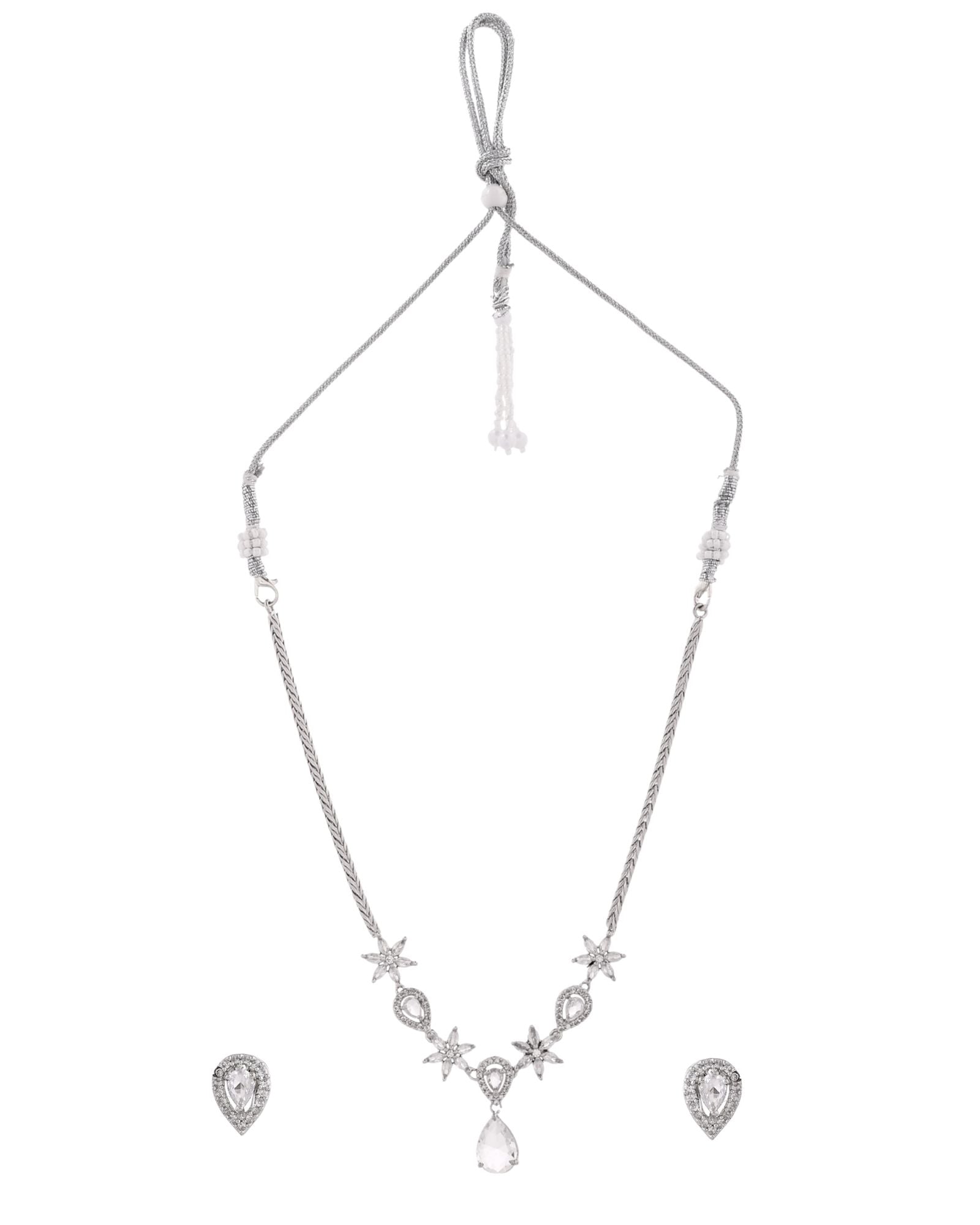 Jewels Nest Silver-Plated American Diamond (Ad) Floral Teardrop Necklace Set With Matching Stud Earrings | Grocsy